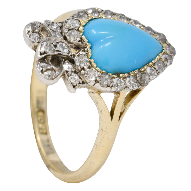 We-11374 Victorian Turquoise Cabochon Diamond 18 Karat Yellow Gold Antique Heart Ring Wilson's Estate Jewelry