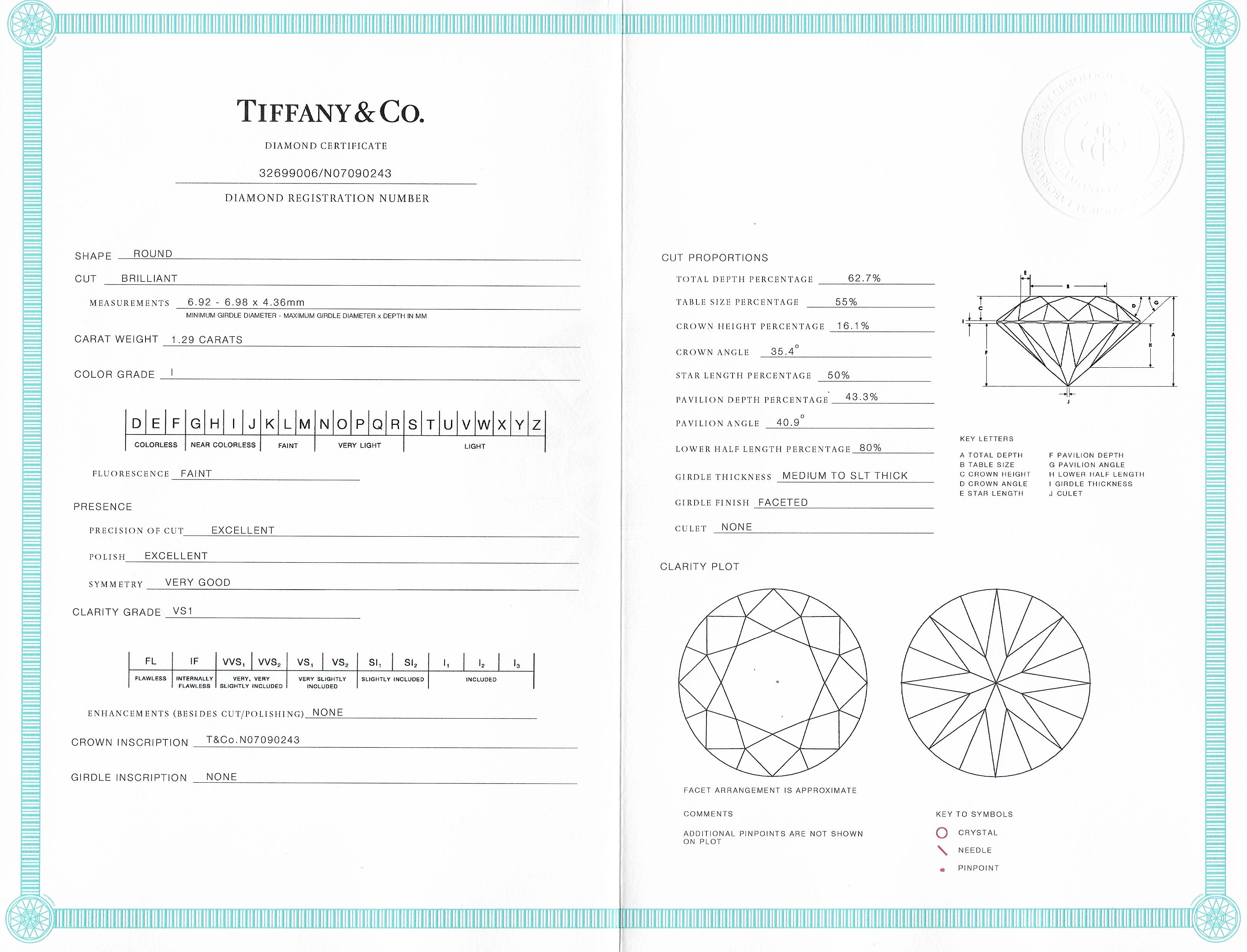 Tiffany & Co. 1.29 CTW Diamond Platinum Solitaire Engagement RingRing - Wilson's Estate Jewelry