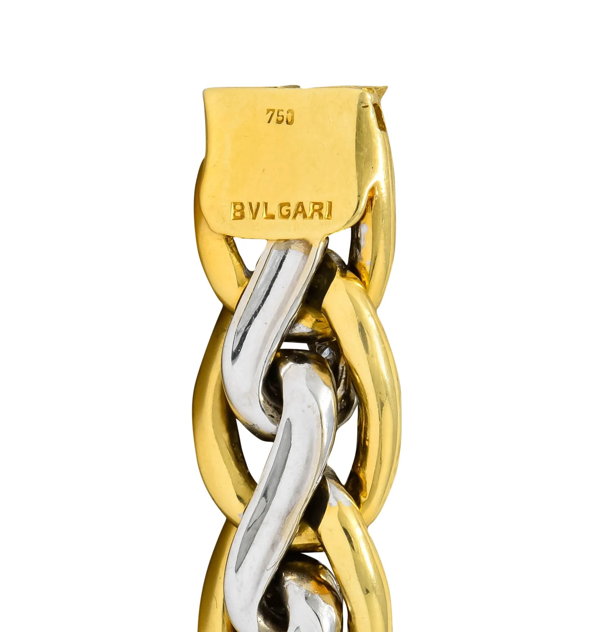 Bulgari Diamond 18 Karat Two-Tone Gold Curb Link Bracelet Wilson's Estate Jewelry