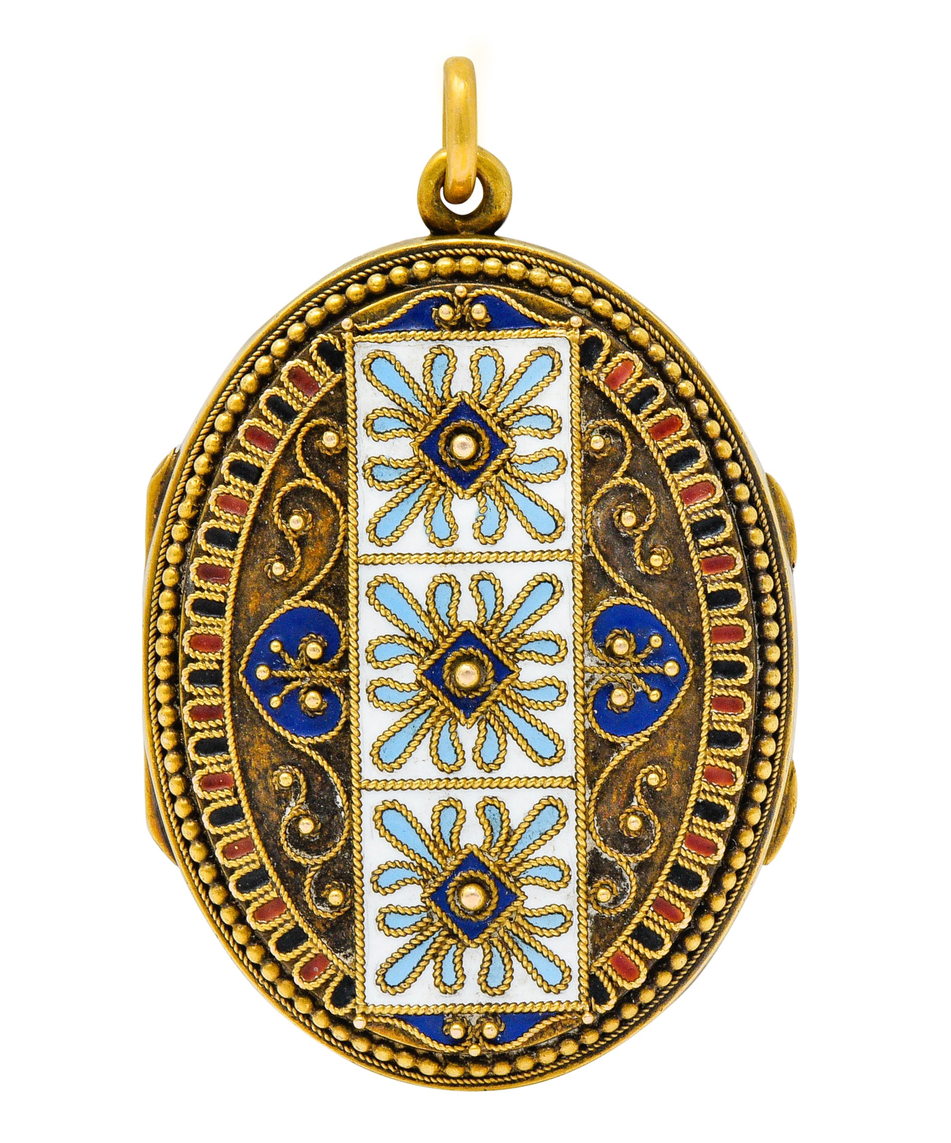 Etruscan Revival Victorian Enamel 14 Karat Gold Beaded Locket Circa 1870Necklace - Wilson's Estate Jewelry