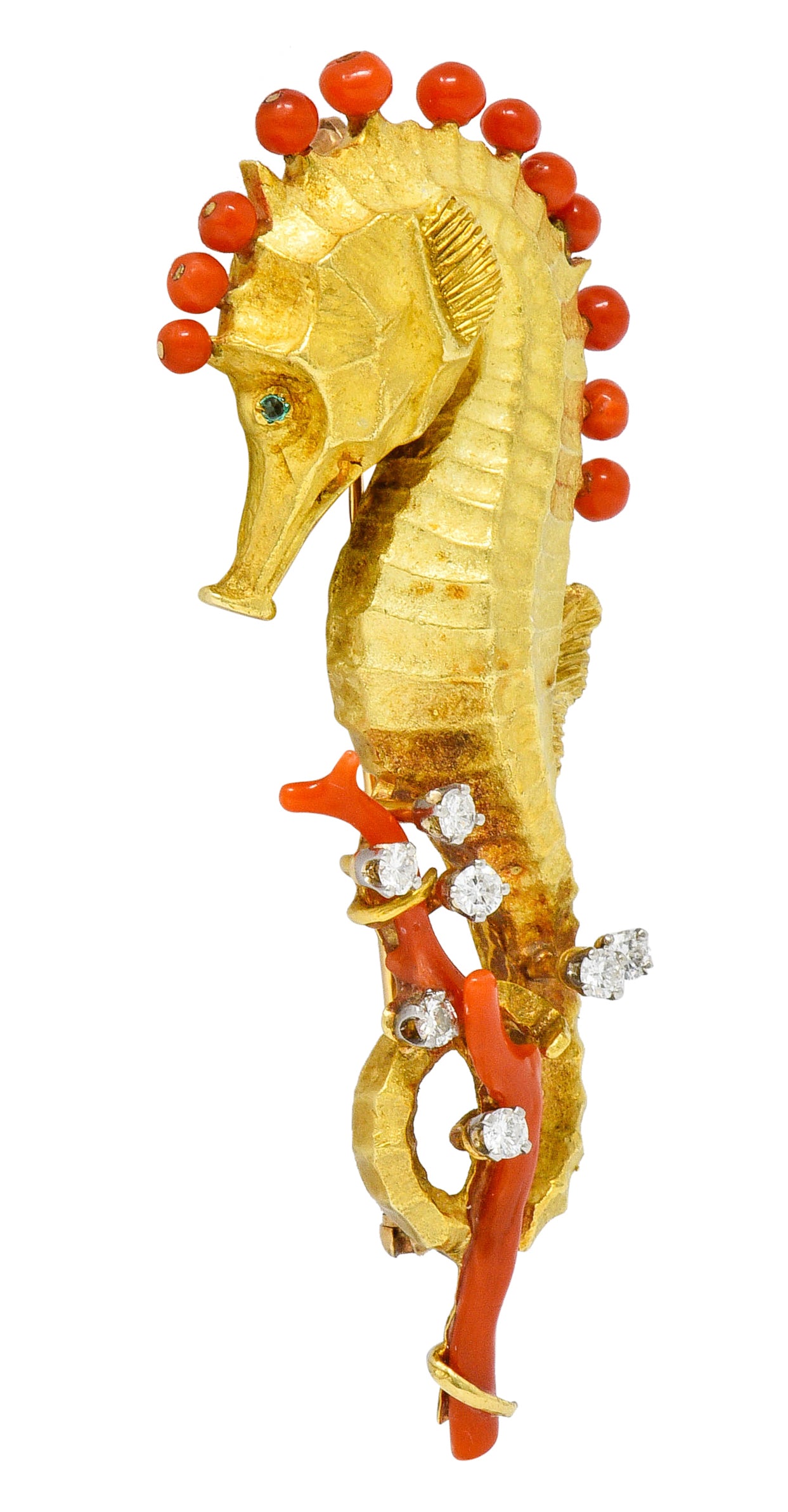 Cartier Vintage Coral Diamond Emerald 18 Karat Gold Seahorse BroochBrooch - Wilson's Estate Jewelry