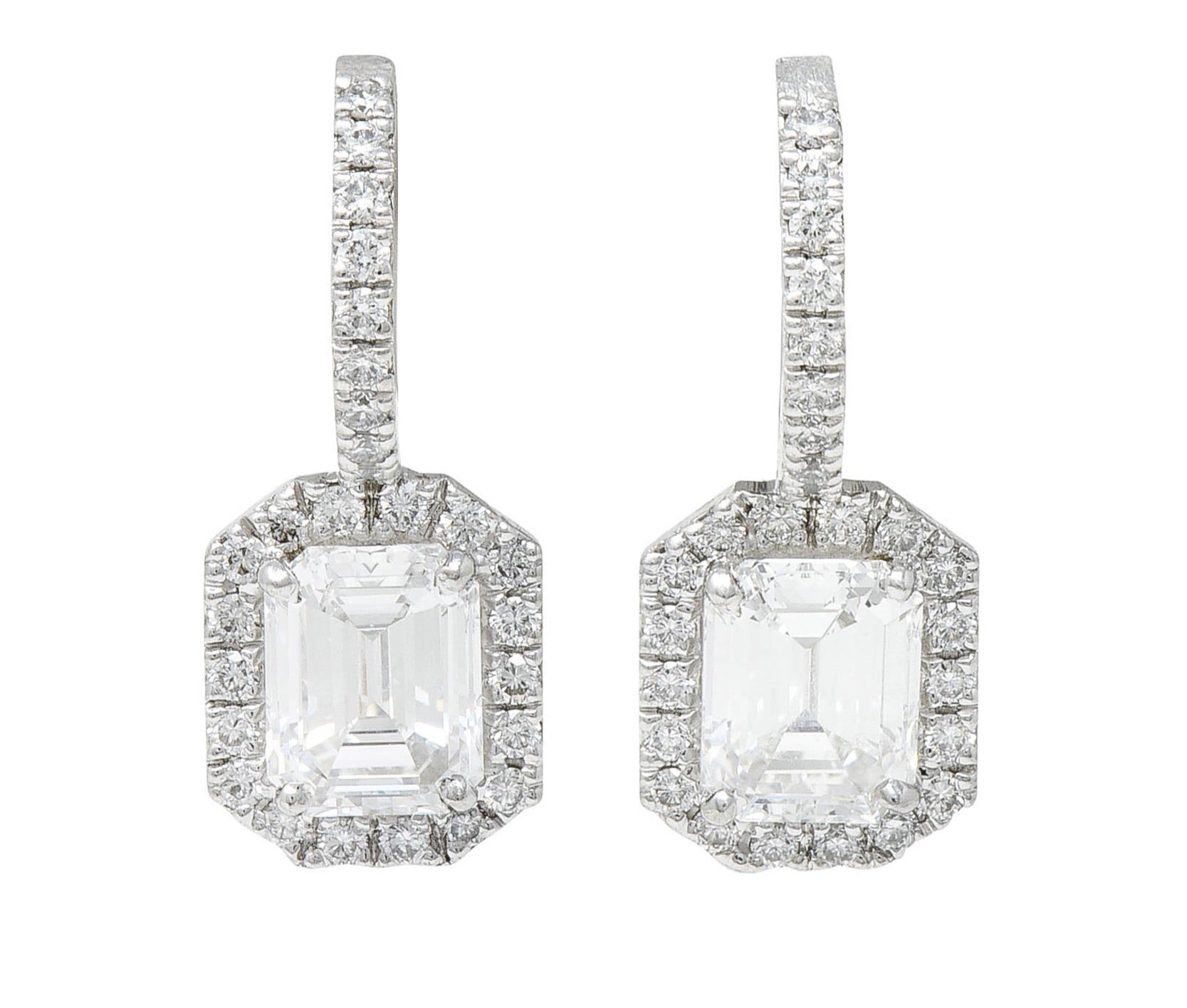 Stunning 2.70 CTW Emerald Cut Diamond Platinum Huggie Drop EarringsEarrings - Wilson's Estate Jewelry