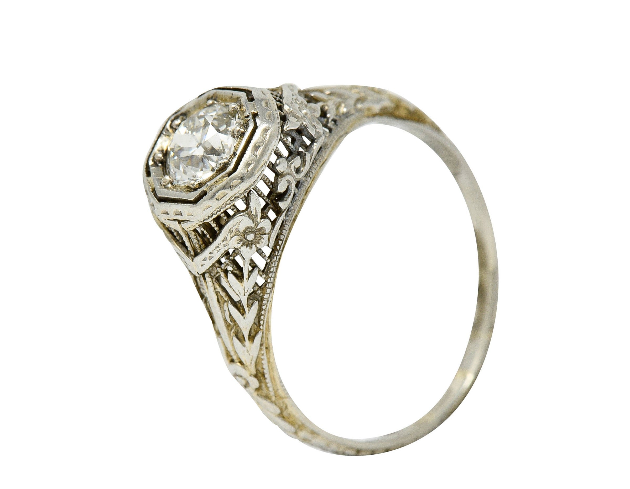 1920's Art Deco 0.50 CTW Diamond 18 Karat White Gold Floral Engagement RingRing - Wilson's Estate Jewelry