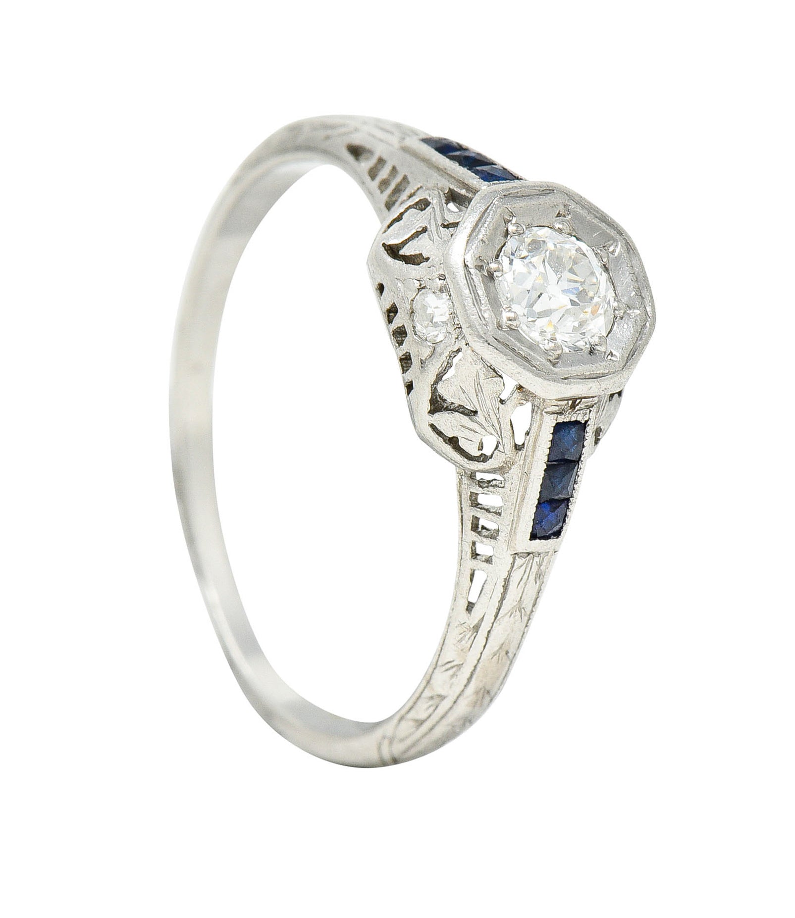 Art Deco 0.43 CTW Diamond Sapphire Platinum Octagonal Engagement RingRing - Wilson's Estate Jewelry