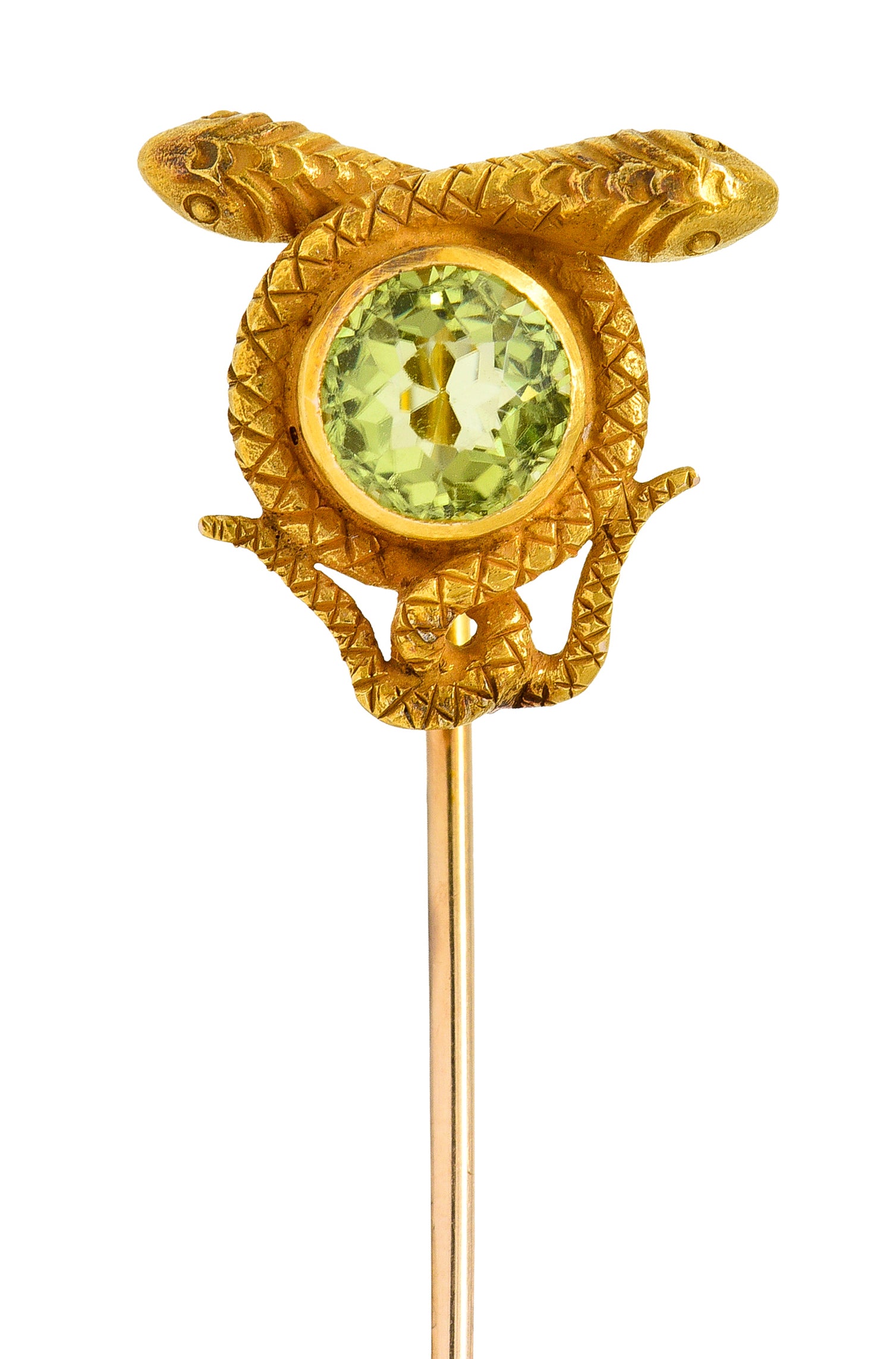 Victorian Peridot 14 Karat Yellow Gold Love Knot Snake Stickpin Wilson's Estate Jewelry