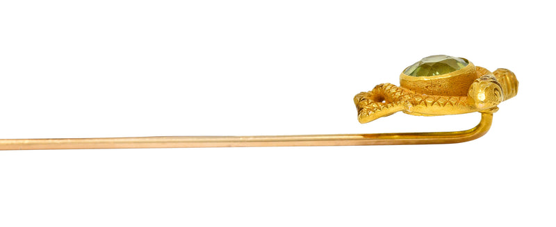 Victorian Peridot 14 Karat Yellow Gold Love Knot Snake Stickpin Wilson's Estate Jewelry