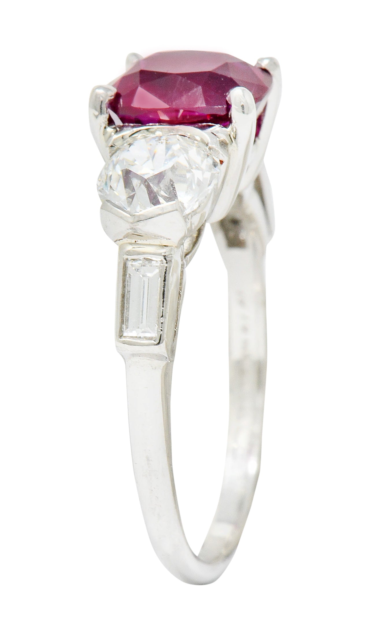 1950’s 4.06 CTW Unheated Burmese Ruby Diamond Platinum Three Stone Burma Ring AGL - Wilson's Estate Jewelry