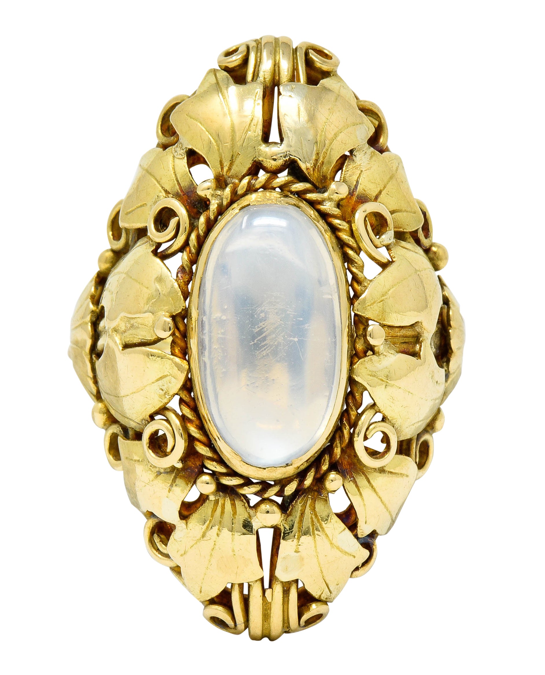 Arts & Crafts Moonstone 18 Karat Gold Layered Foliate Ring - Wilson's Estate Jewelry