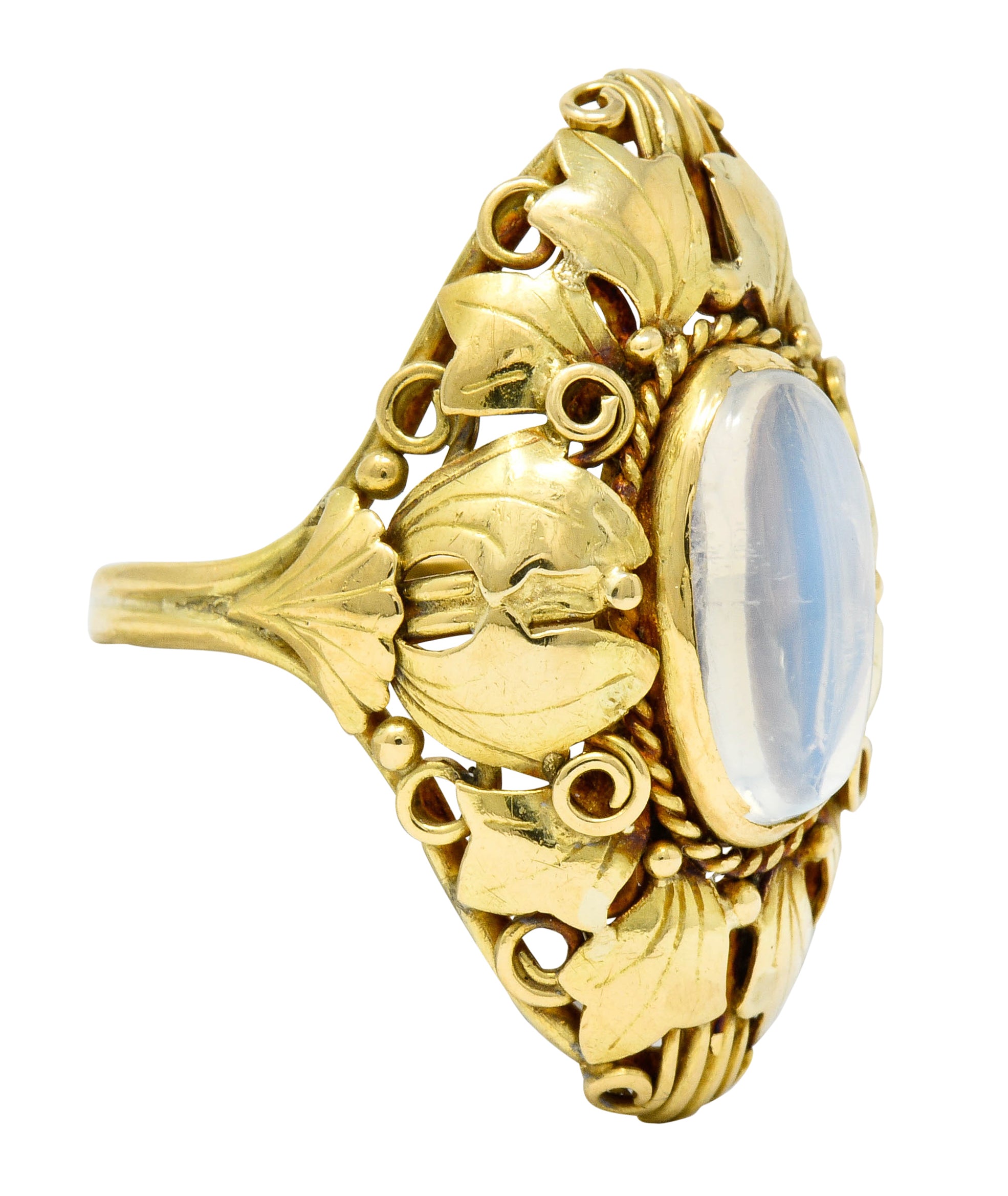 Arts & Crafts Moonstone 18 Karat Gold Layered Foliate Ring - Wilson's Estate Jewelry