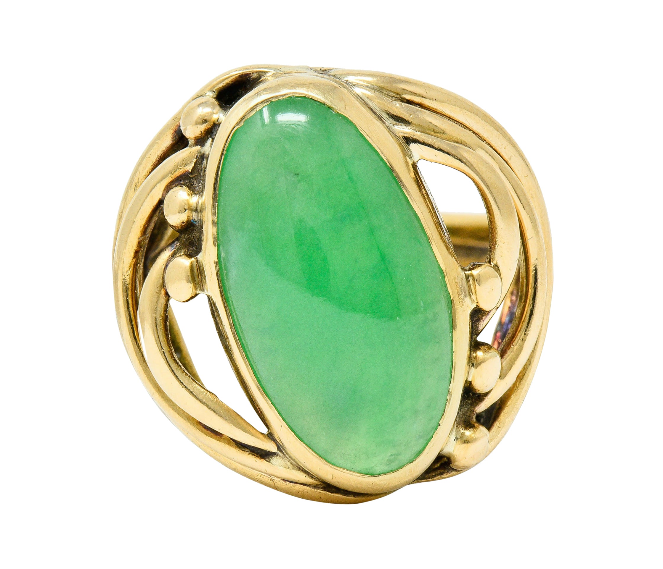 Art Nouveau Jadeite Jade Cabochon 14 Karat Gold Band Ring GIARing - Wilson's Estate Jewelry