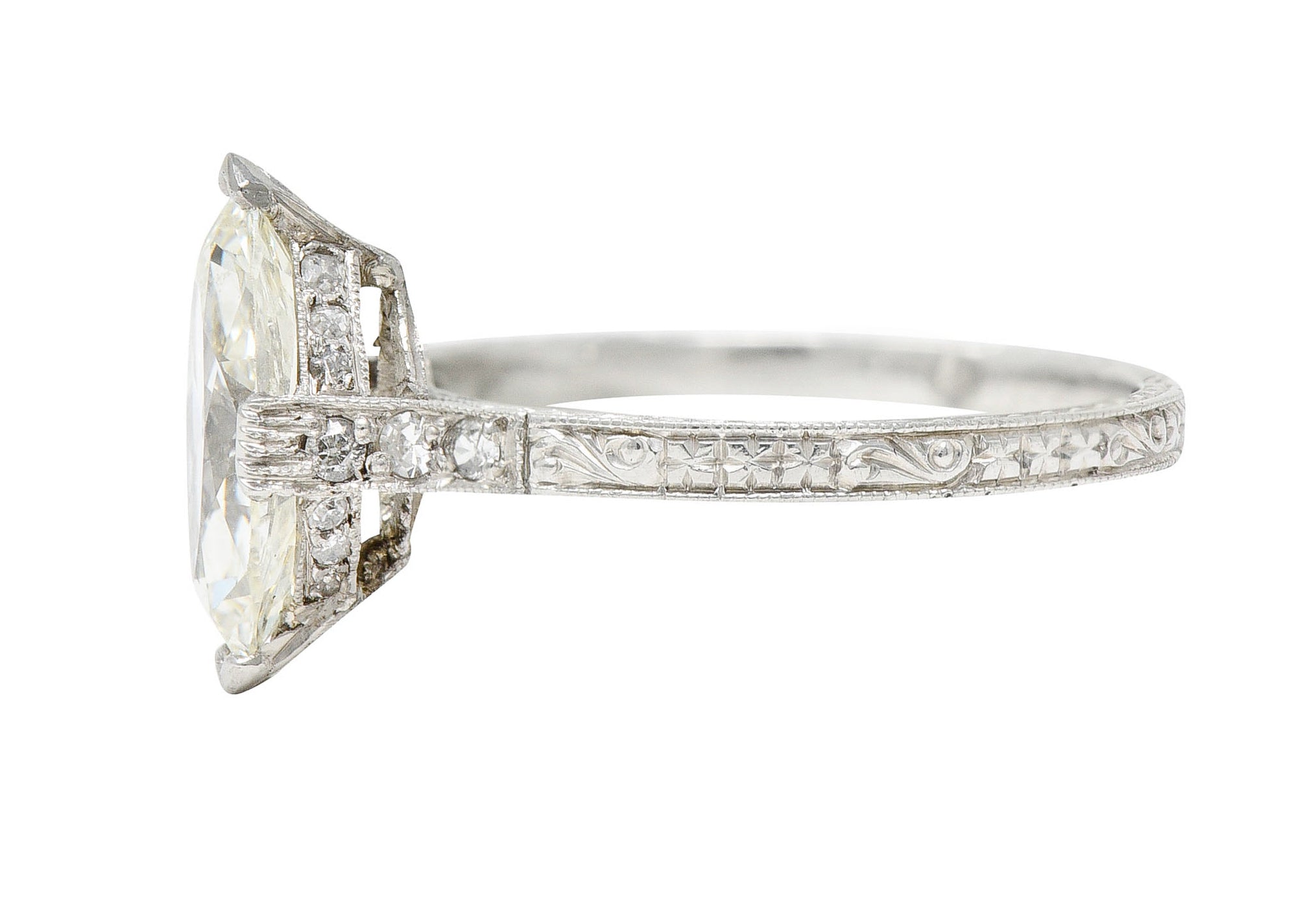 Art Deco 1.46 CTW Marquise Diamond Platinum Engraved Engagement RingRing - Wilson's Estate Jewelry