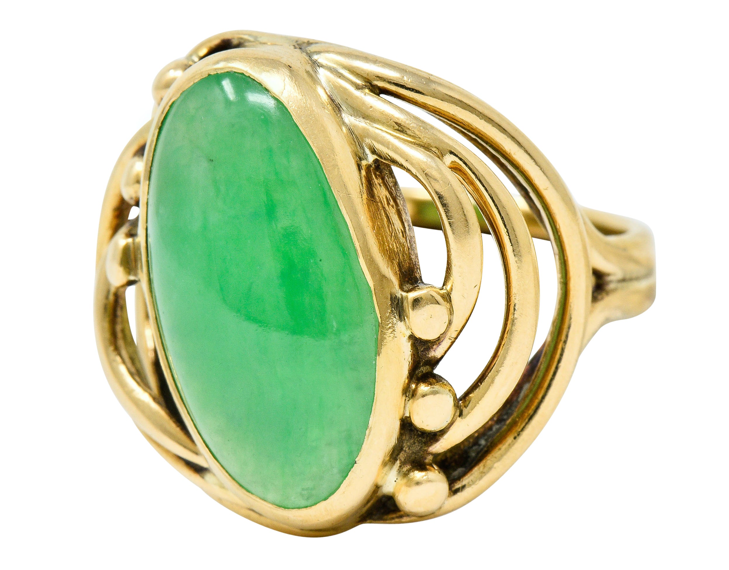 Art Nouveau Jadeite Jade Cabochon 14 Karat Gold Band Ring GIARing - Wilson's Estate Jewelry