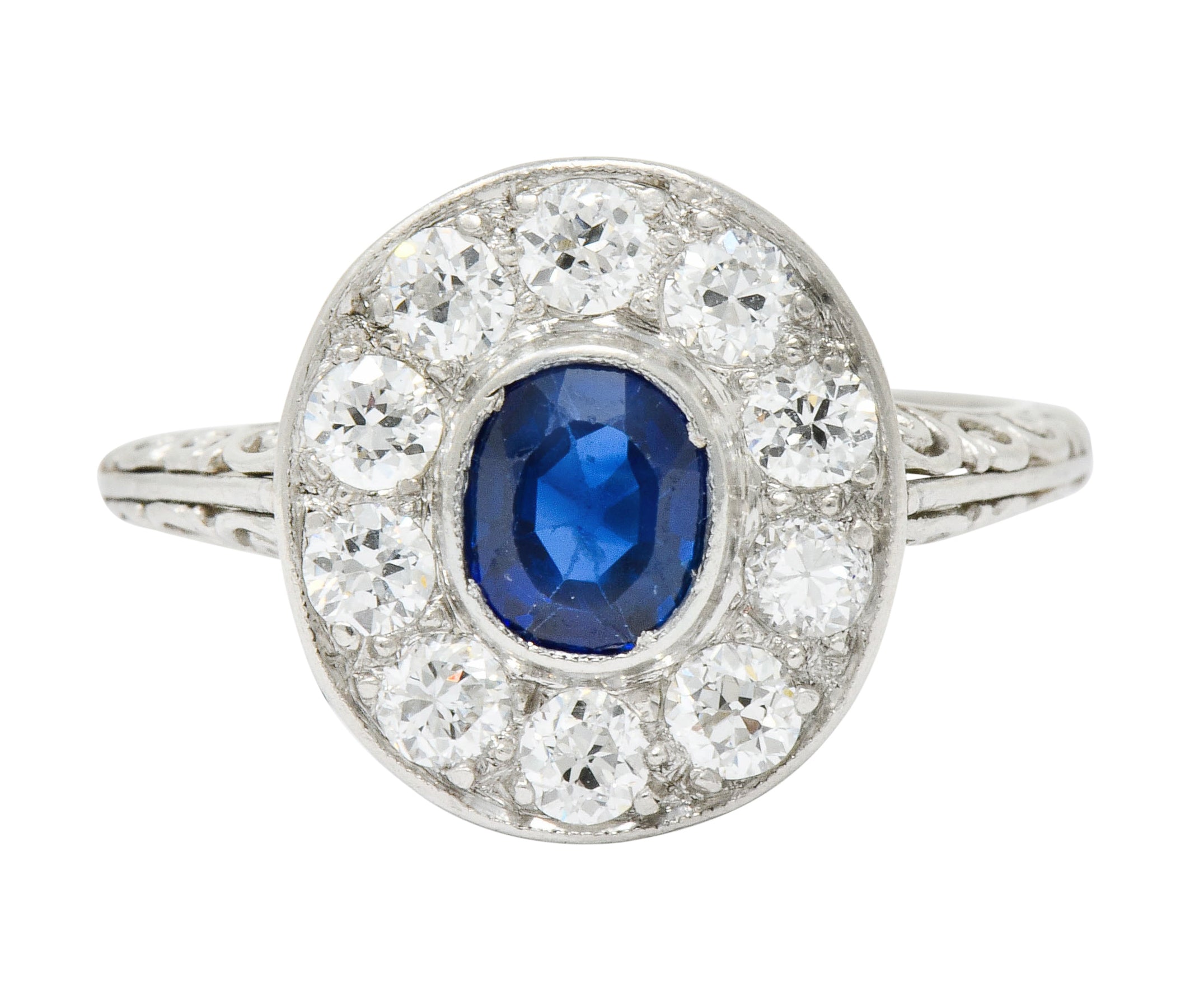 Art Deco 1.70 CTW Sapphire Diamond Platinum Halo Dinner Ring - Wilson's Estate Jewelry