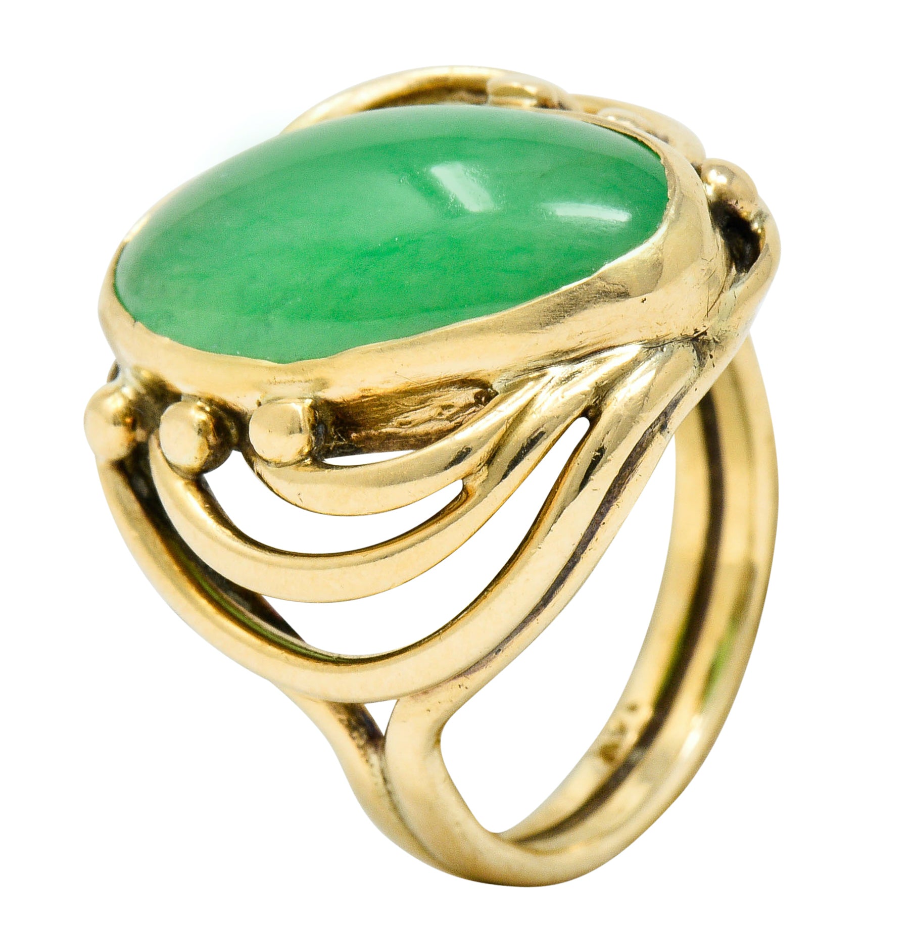 Art Nouveau Jadeite Jade Cabochon 14 Karat Gold Band Ring GIARing - Wilson's Estate Jewelry