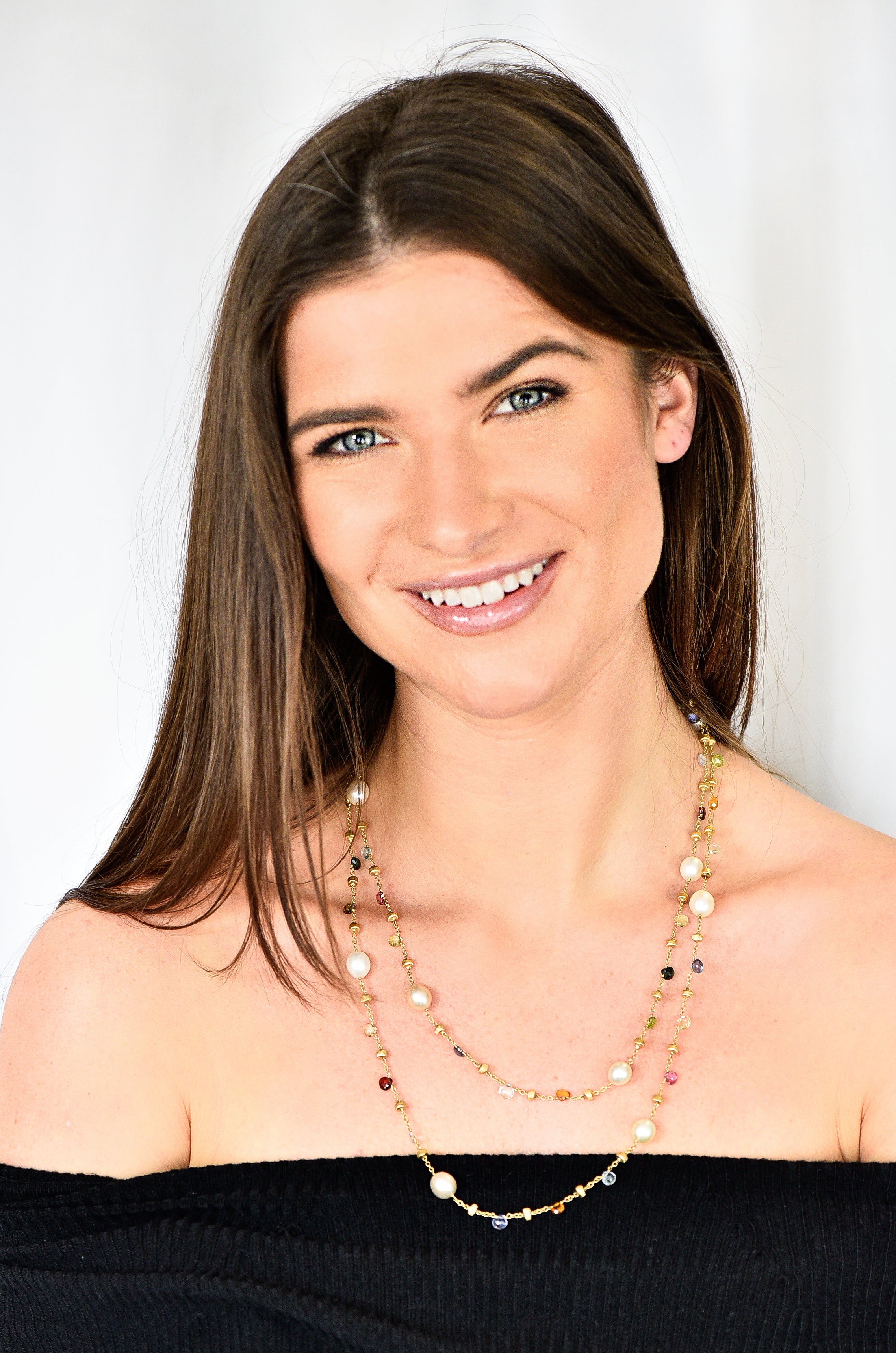 Marco Bicego Contemporary Cultured Pearl Citrine Topaz Multi Gemstone 18 Karat Yellow Gold 46 IN Long Gemstone Confetti Necklace Wilson's Estate Jewelry