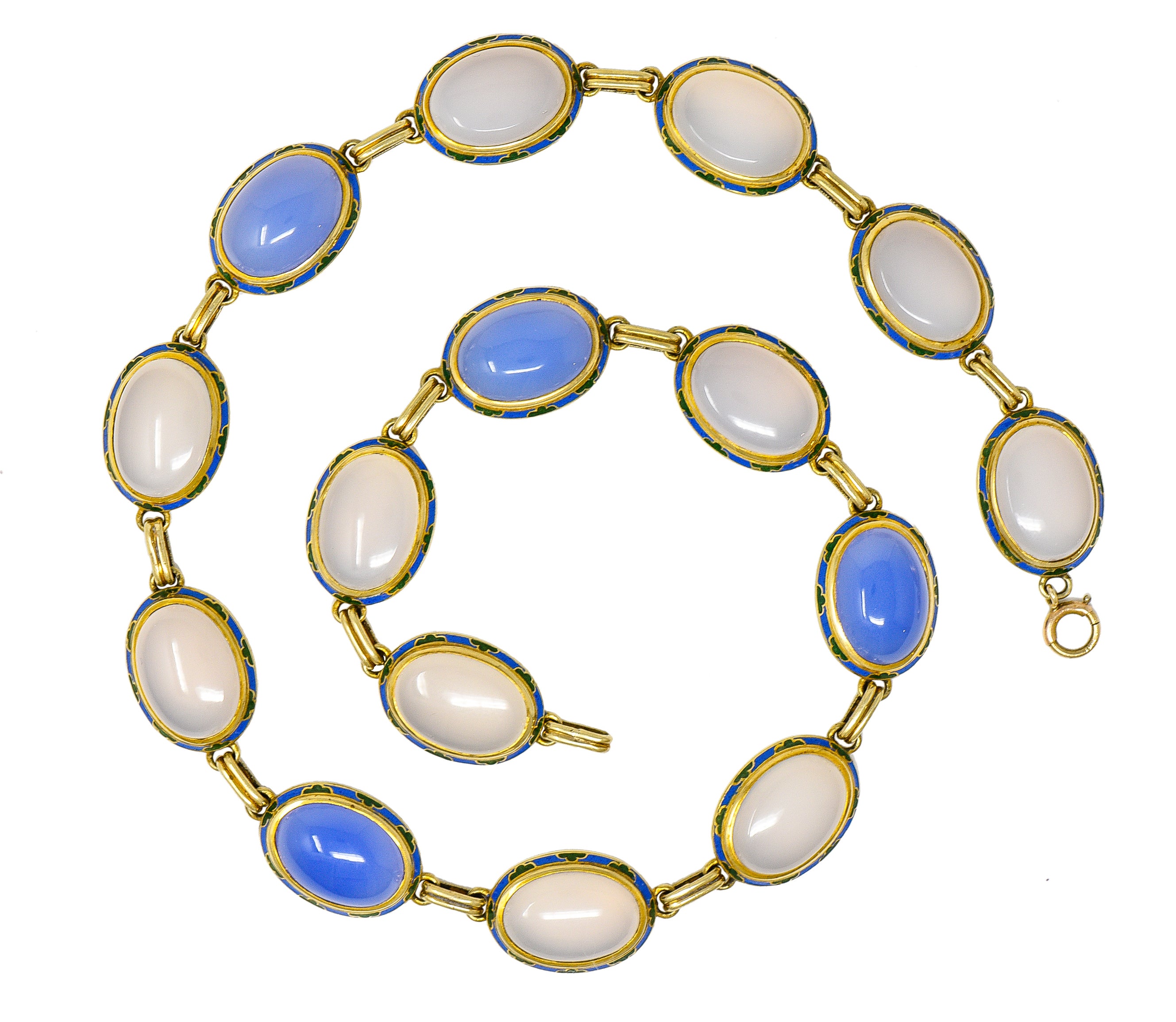 Art Deco Enamel Blue Chalcedony 14 Karat Yellow Gold Gemstone Link Collar Necklace Wilson's Estate Jewelry