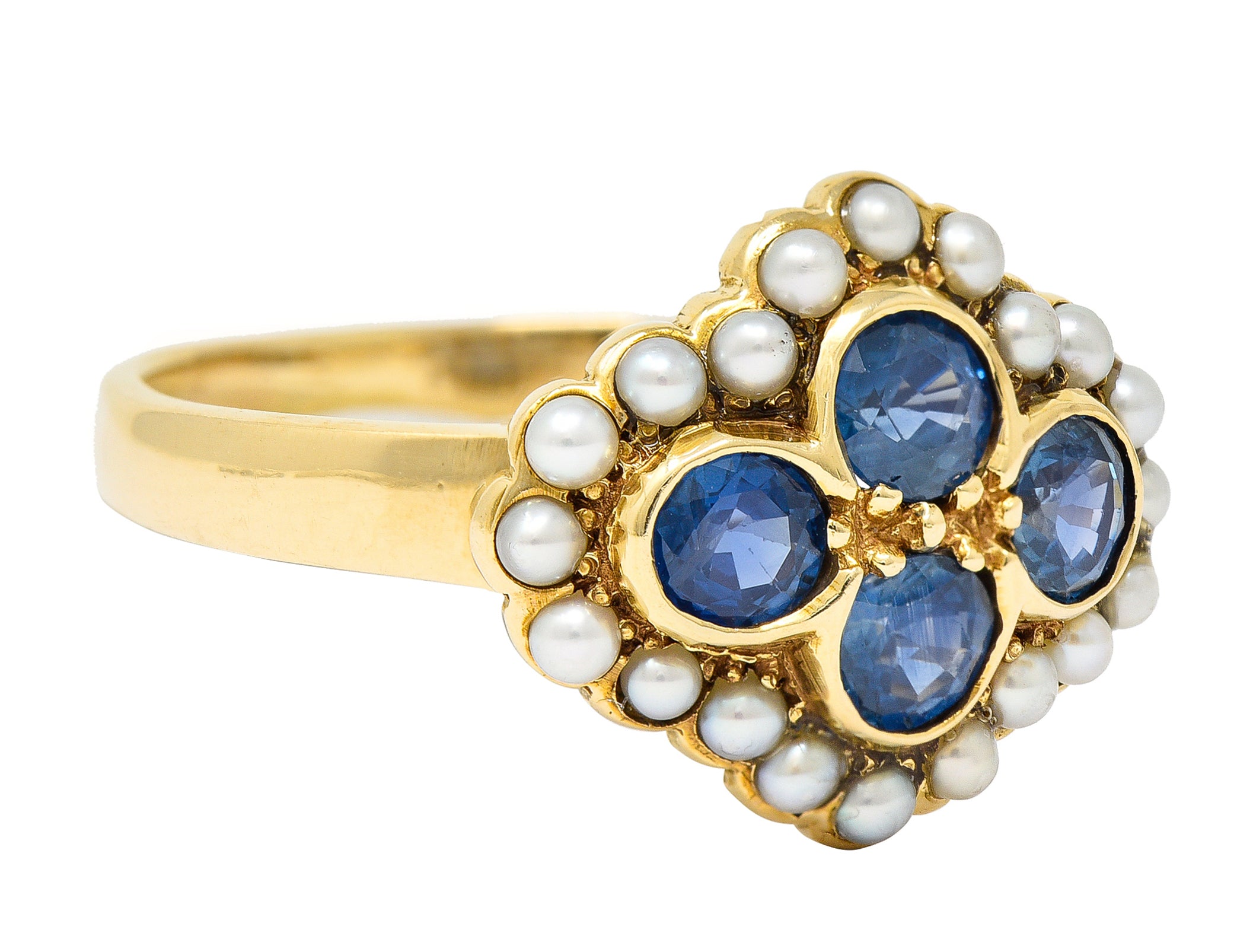 1880's Victorian 1.50 CTW Sapphire Seed Pearl 14 Karat Yellow Gold Antique Cluster Ring Wilson's Estate Jewelry