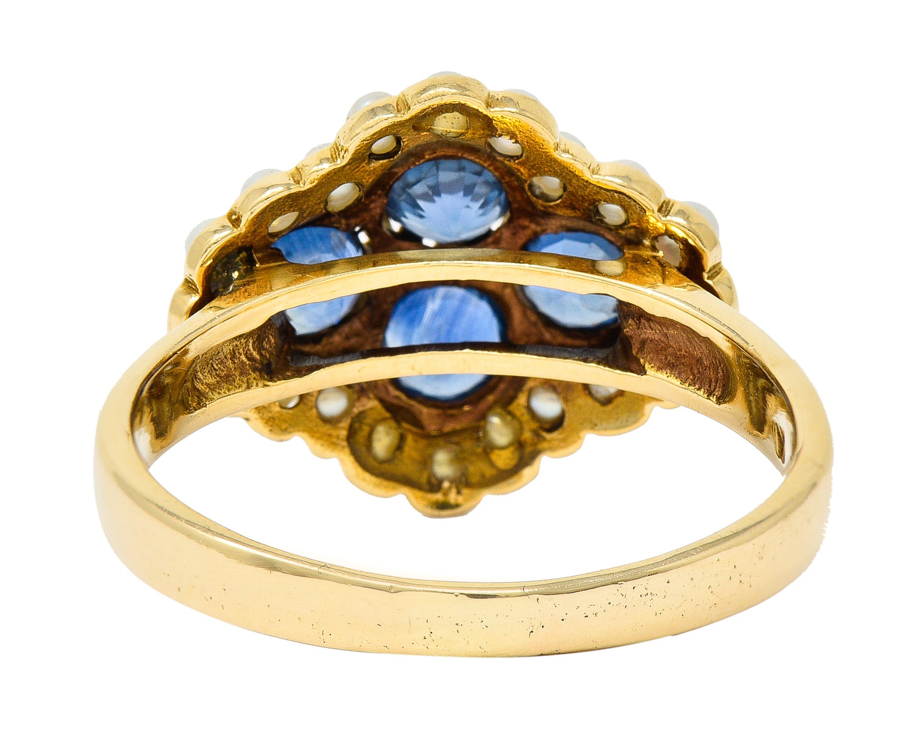 1880's Victorian 1.50 CTW Sapphire Seed Pearl 14 Karat Yellow Gold Antique Cluster Ring Wilson's Estate Jewelry