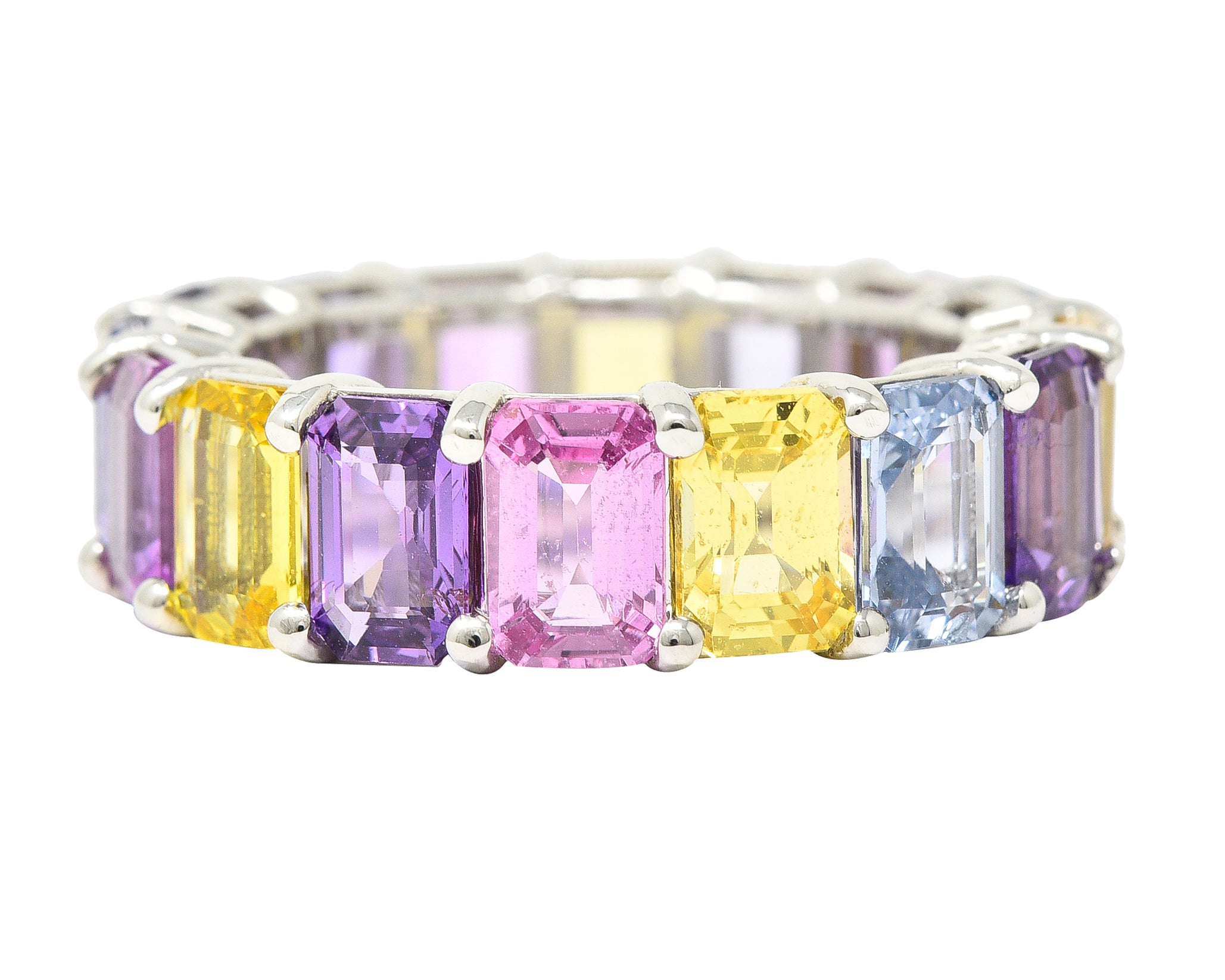 12.16 CTW Multi-Color Pink Purple Blue Emerald Cut Sapphire 18 Karat White Gold Pastel Eternity Band Ring Wilson's Estate Jewelry