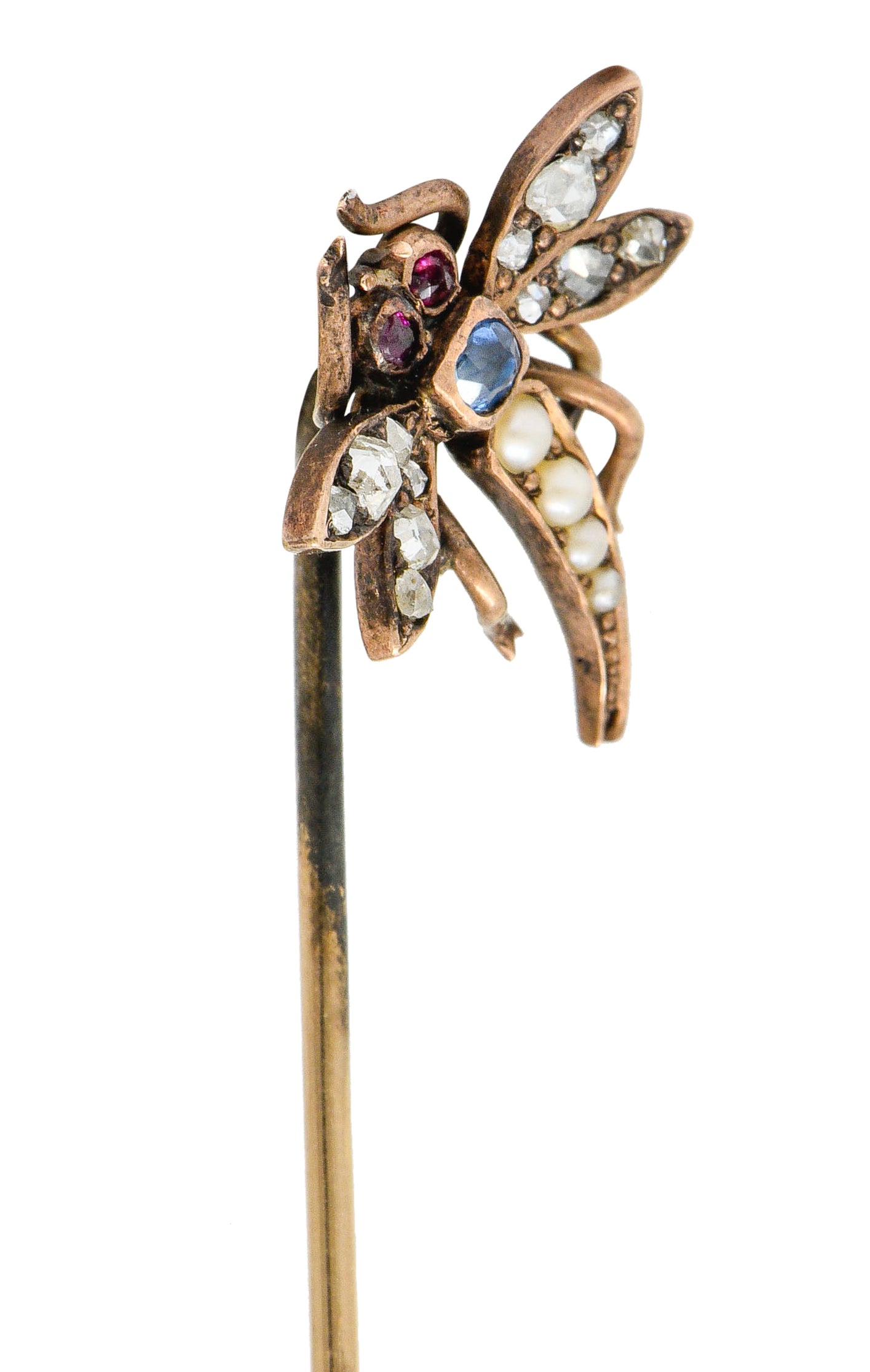 Victorian Pearl Diamond Sapphire Ruby 14 Karat Rose Gold Dragonfly StickpinStick Pin - Wilson's Estate Jewelry