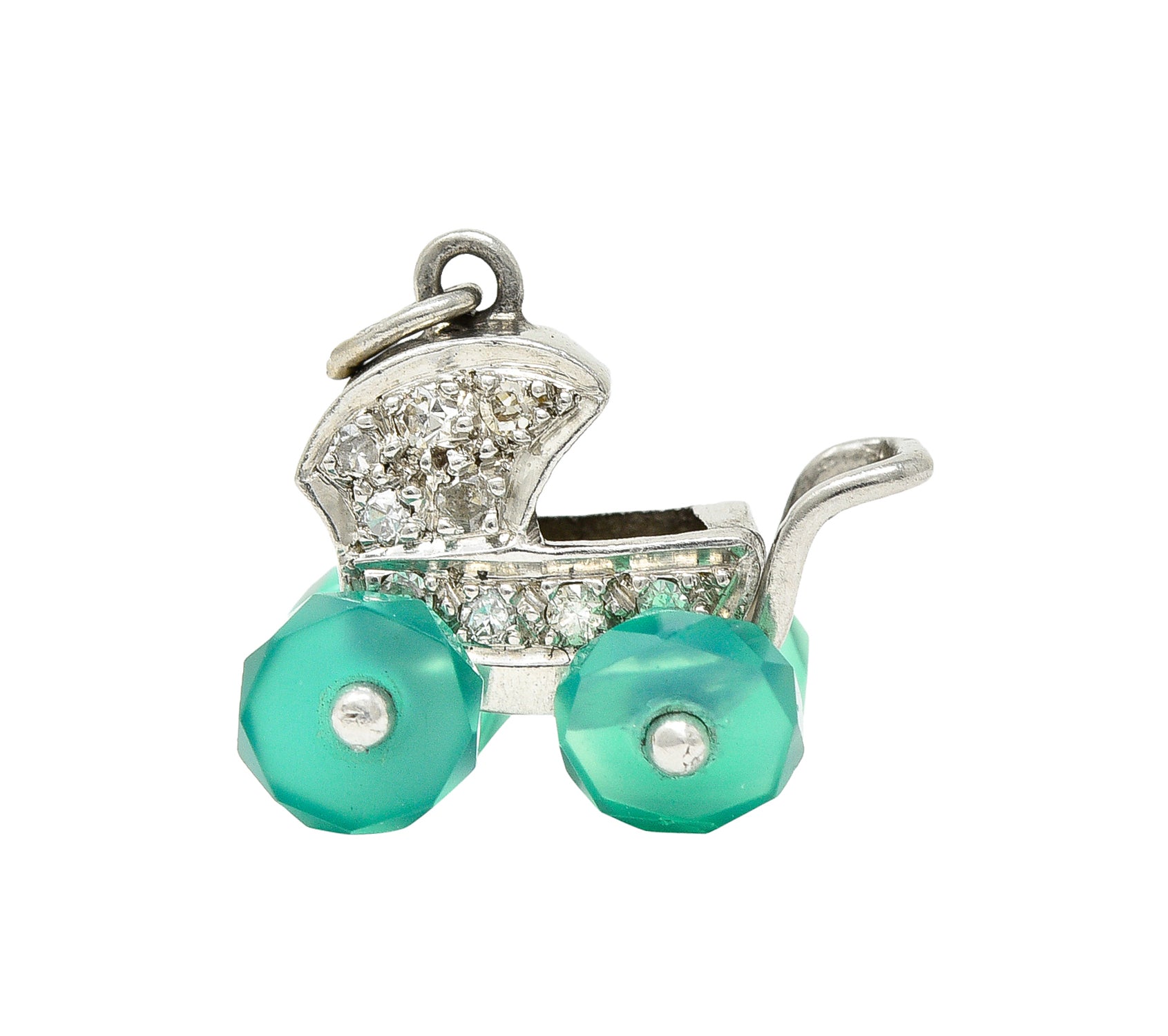 Art Deco Diamond Emerald Platinum Baby Carriage Vintage 1930's Charm Wilson's Estate Jewelry