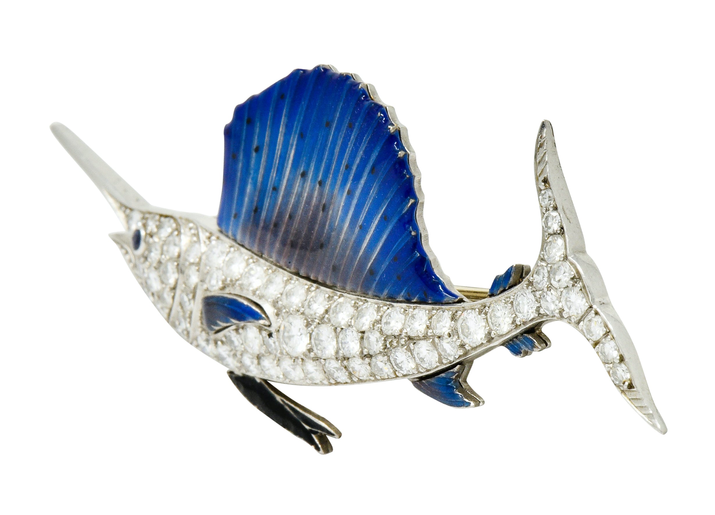 Art Deco 2.60 CTW Diamond Blue Enamel Platinum Swordfish Brooch - Wilson's Estate Jewelry