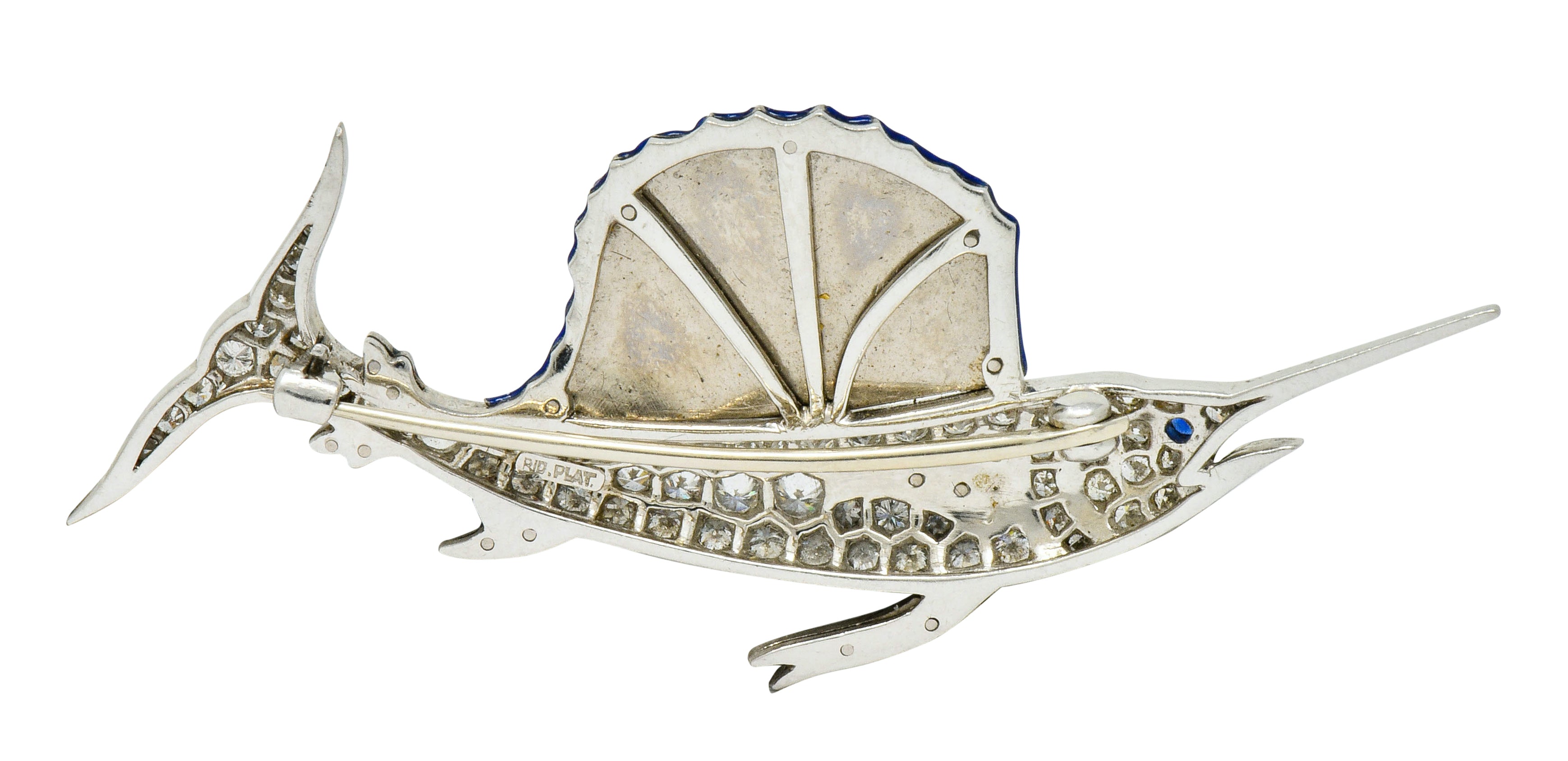 Art Deco 2.60 CTW Diamond Blue Enamel Platinum Swordfish Brooch - Wilson's Estate Jewelry