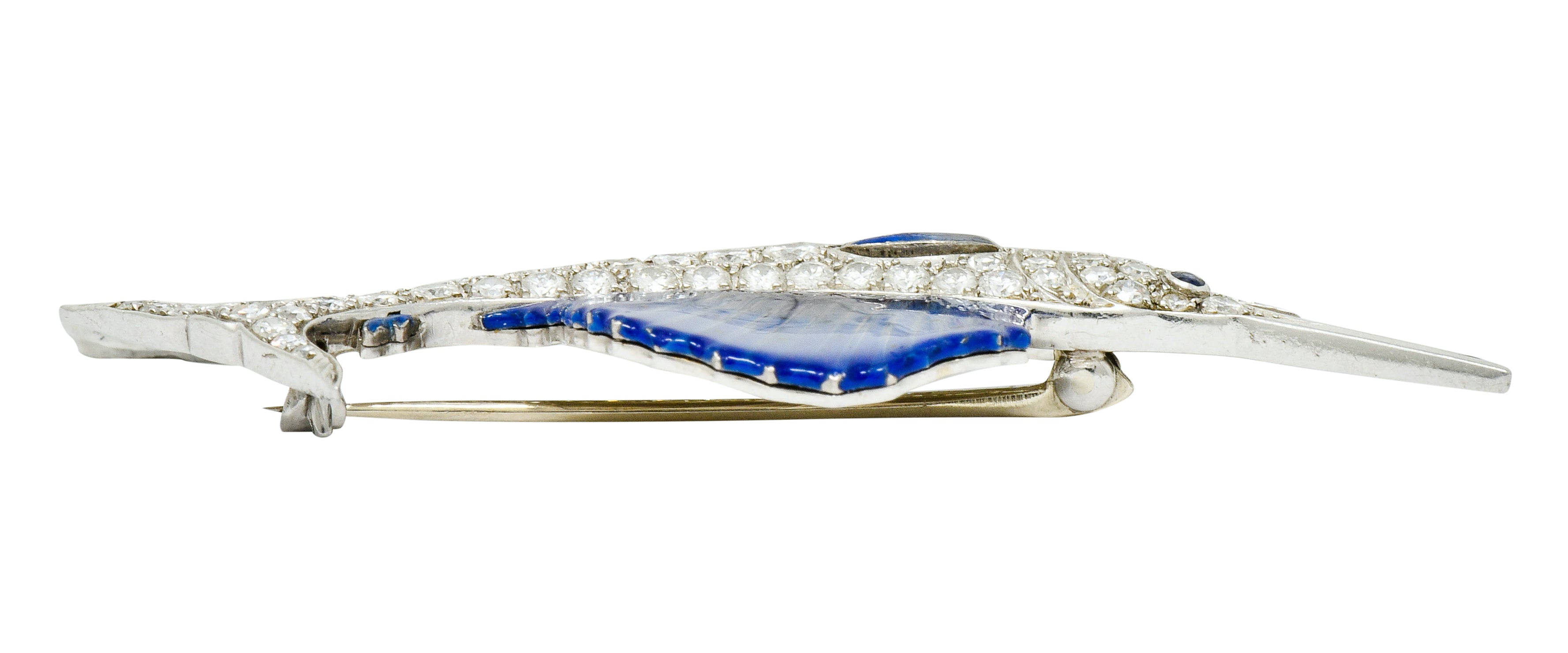 Art Deco 2.60 CTW Diamond Blue Enamel Platinum Swordfish Brooch - Wilson's Estate Jewelry