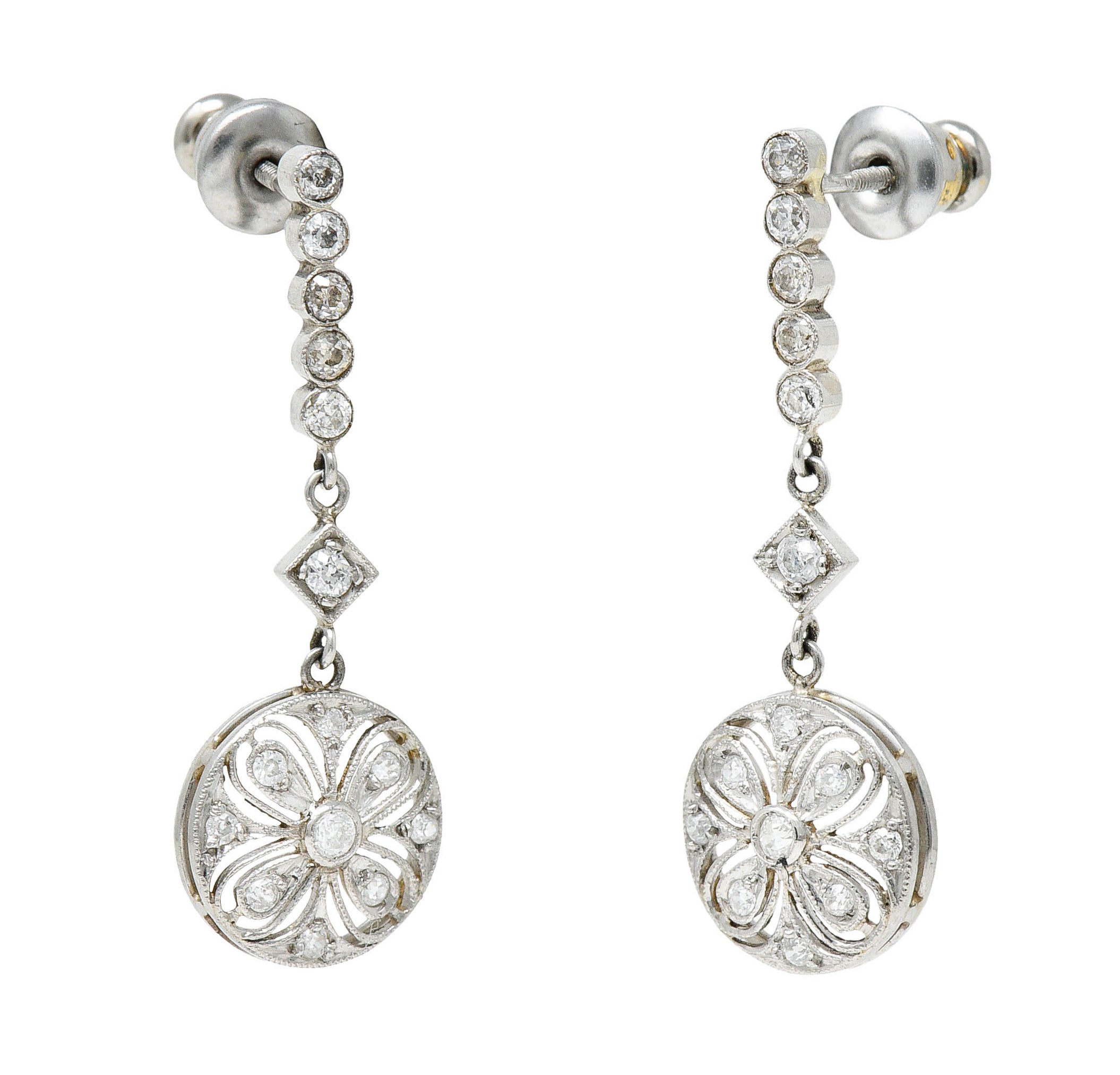 Art Deco Old European Cut Diamond Platinum Flower Drop EarringsEarrings - Wilson's Estate Jewelry