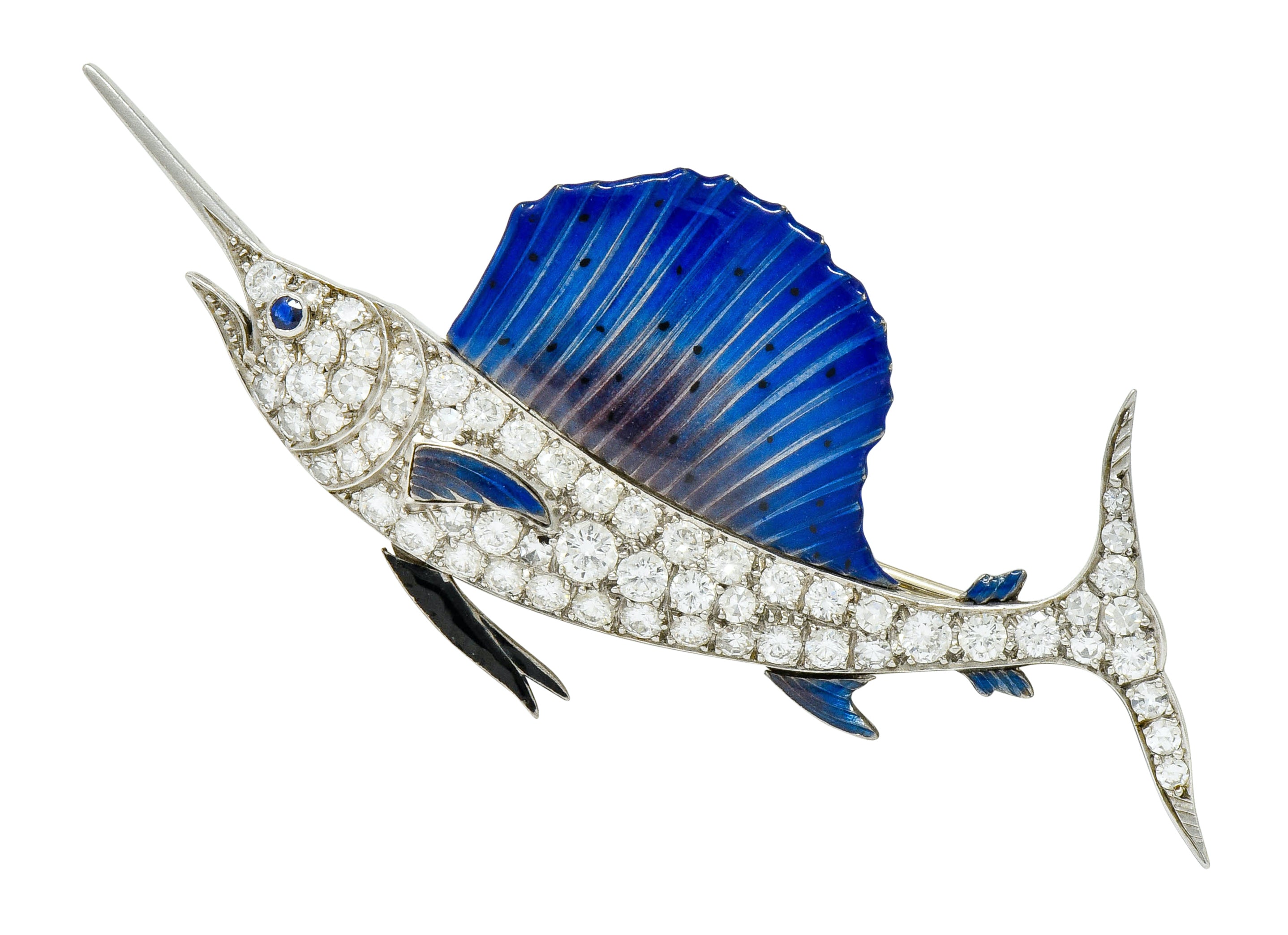 Art Deco 2.60 CTW Diamond Blue Enamel Platinum Swordfish Brooch - Wilson's Estate Jewelry