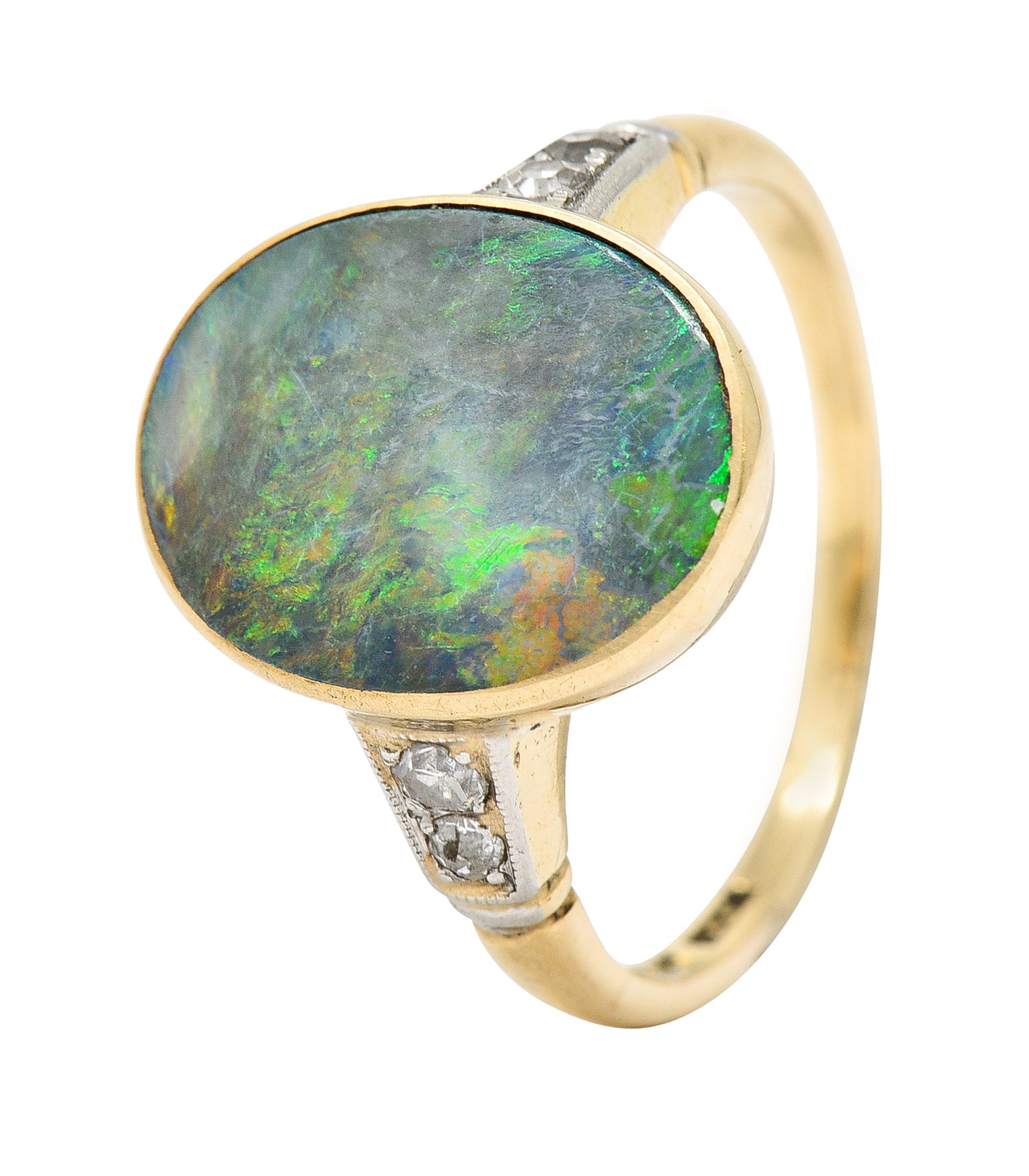 Art Deco Black Opal Diamond Platinum-Topped 14 Karat Gold Cabochon Ring Wilson's Estate Jewelry