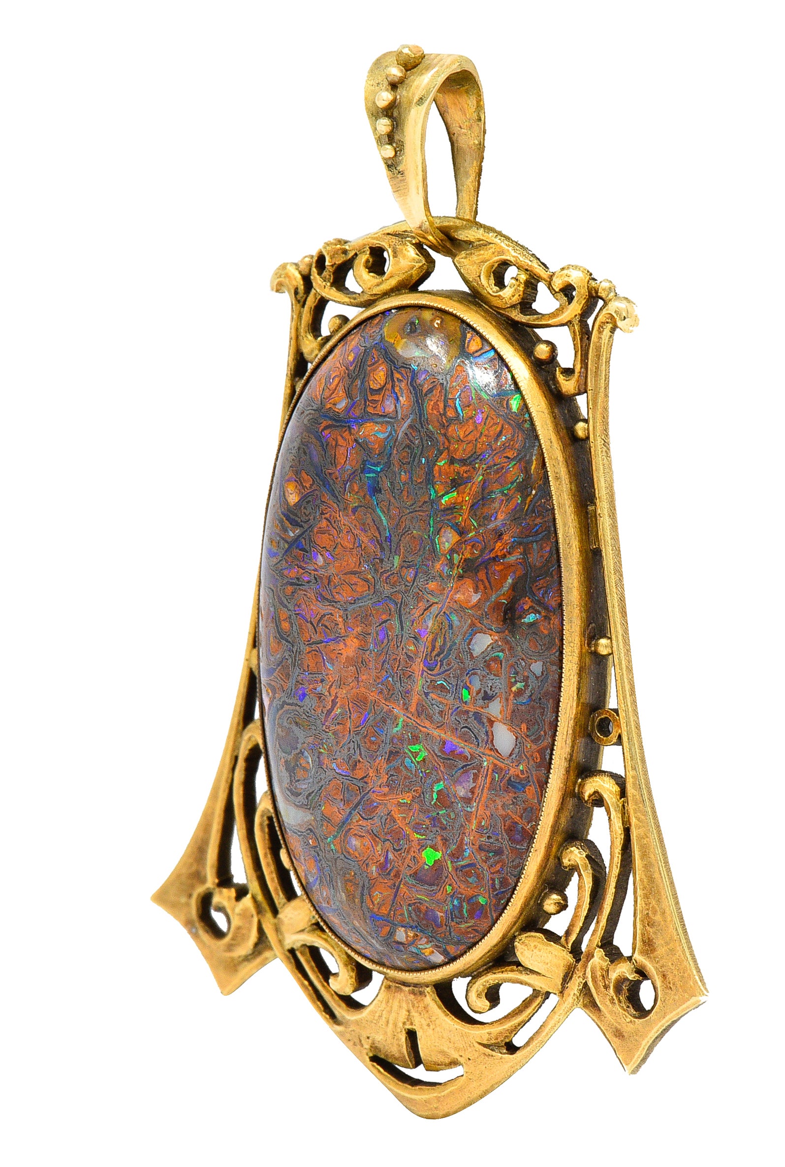 James Winn Arts & Crafts Boulder Opal 18 Karat Yellow Gold Statement Antique Pendant Wilson's Estate Jewelry