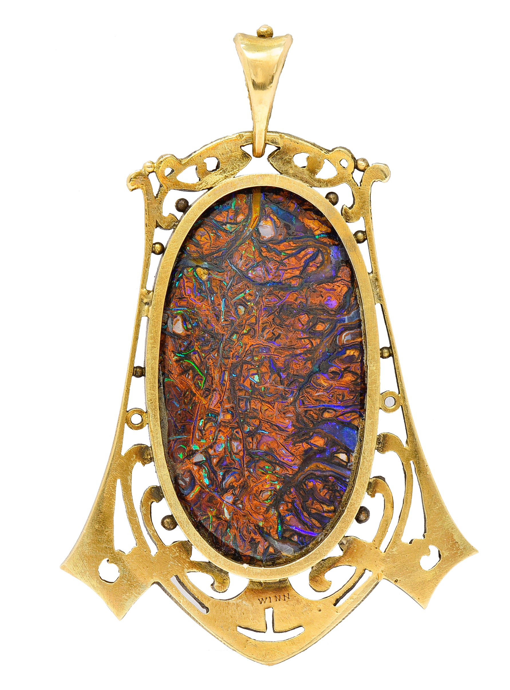 James Winn Arts & Crafts Boulder Opal 18 Karat Yellow Gold Statement Antique Pendant Wilson's Estate Jewelry