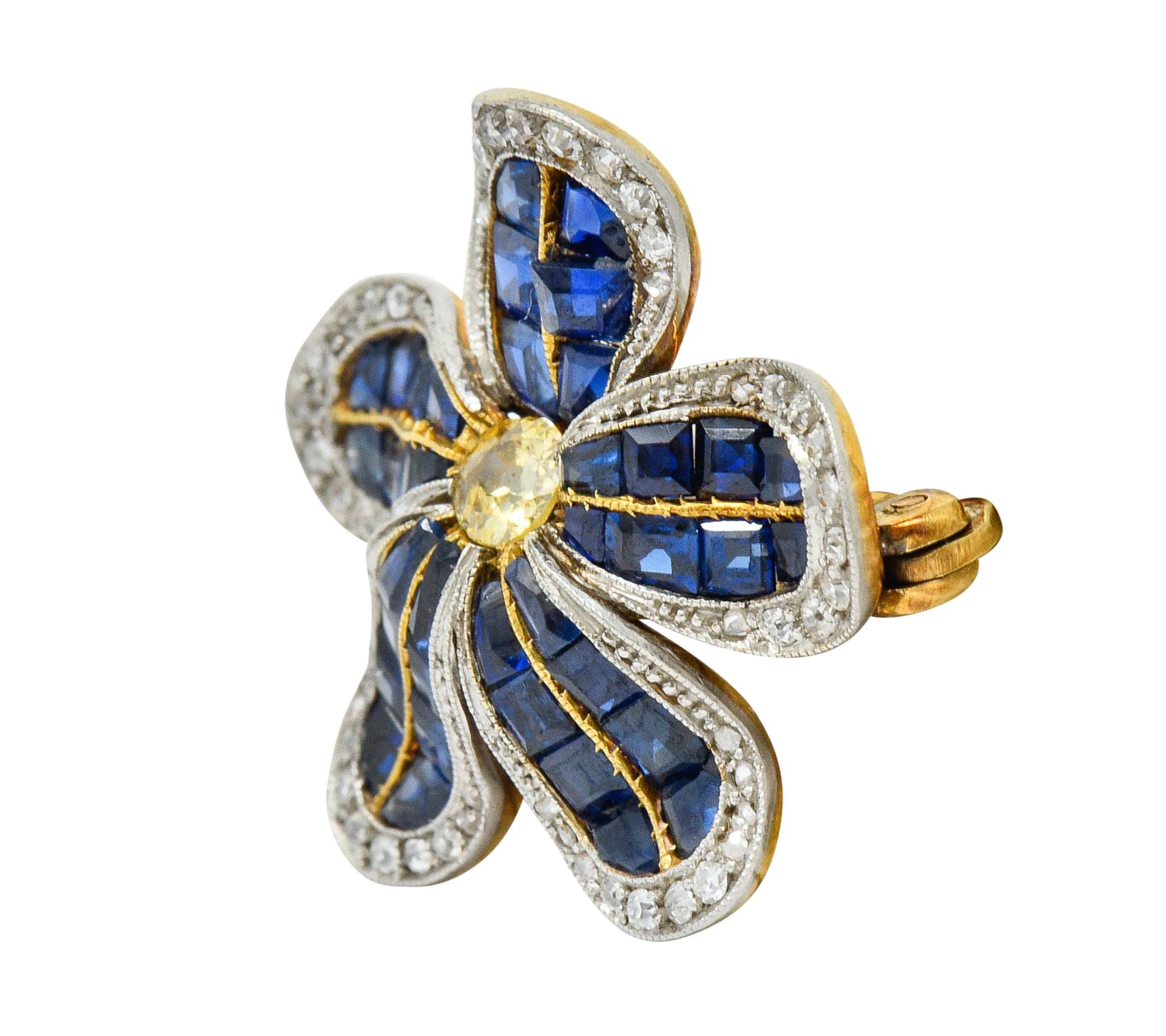 Edwardian 4.32 CTW Sapphire Fancy Colored Diamond Platinum-Topped 18 Karat Gold Flower BroochBrooch - Wilson's Estate Jewelry