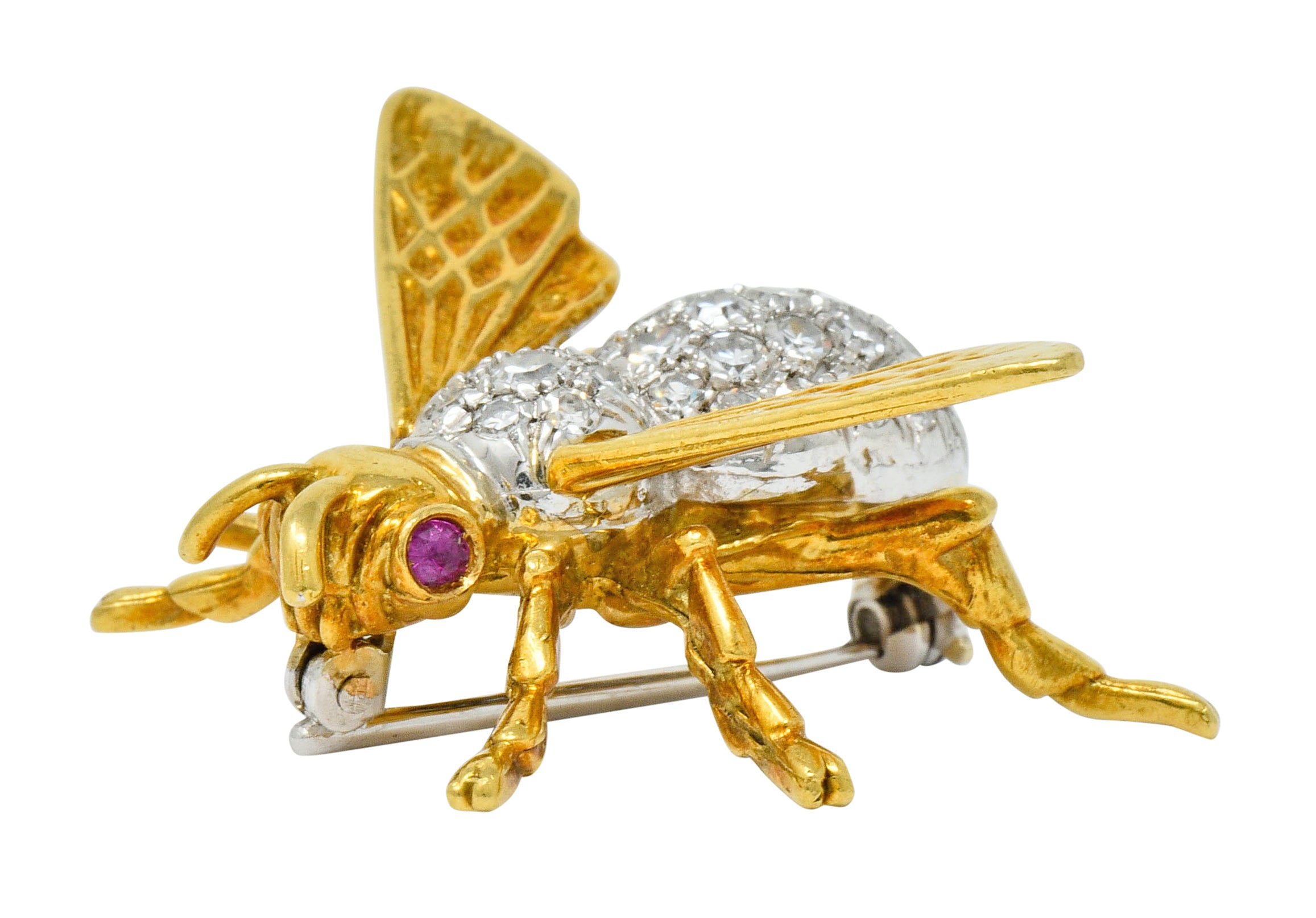 Vintage 1.75 CTW Diamond Ruby Platinum 18 Karat Gold Bee Brooch - Wilson's Estate Jewelry