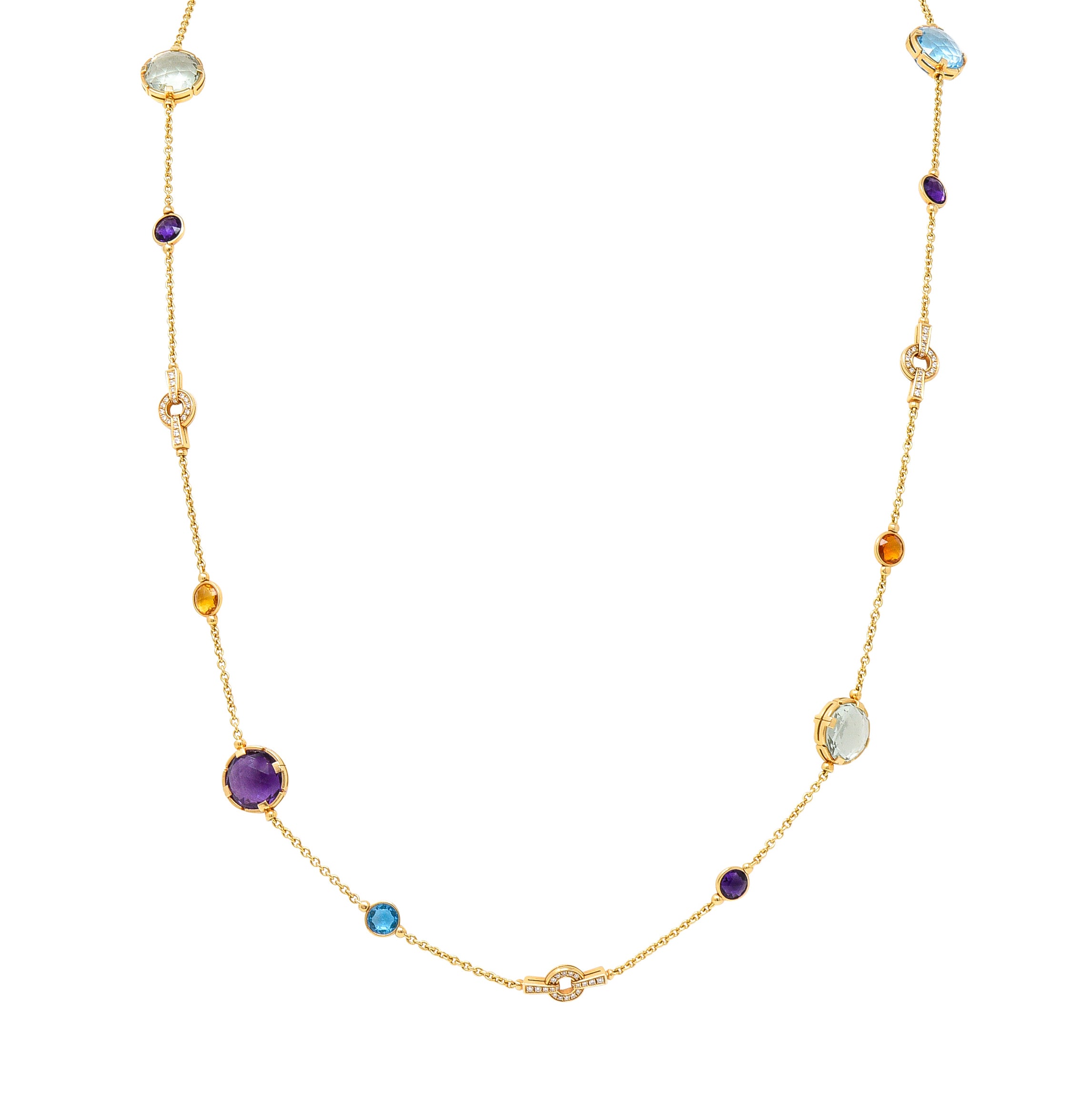 Bulgari Diamond Rose Cut Citrine Multi-Gem 18 Karat Yellow Gold Parentesi Station Necklace Wilson's Estate Jewelry