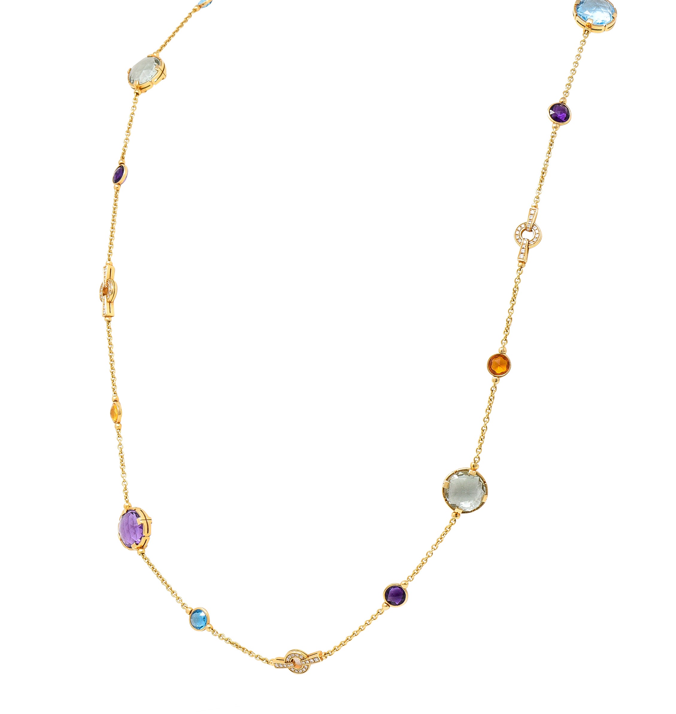 Bulgari Diamond Rose Cut Citrine Multi-Gem 18 Karat Yellow Gold Parentesi Station Necklace Wilson's Estate Jewelry