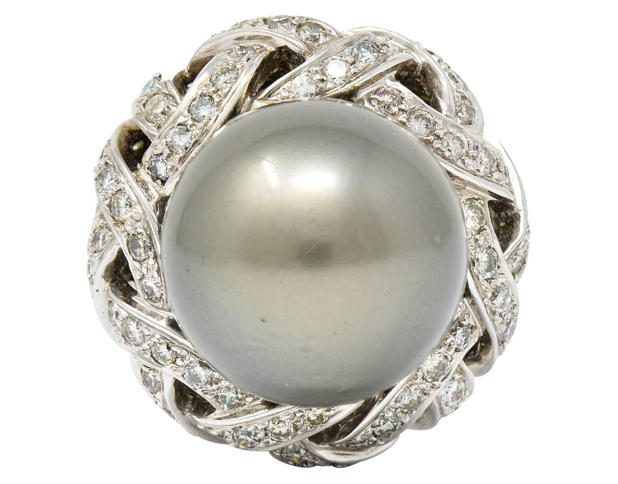 Vintage South Sea Tahitian Pearl 2.00 CTW Diamond 18 Karat White Gold Statement RingRing - Wilson's Estate Jewelry