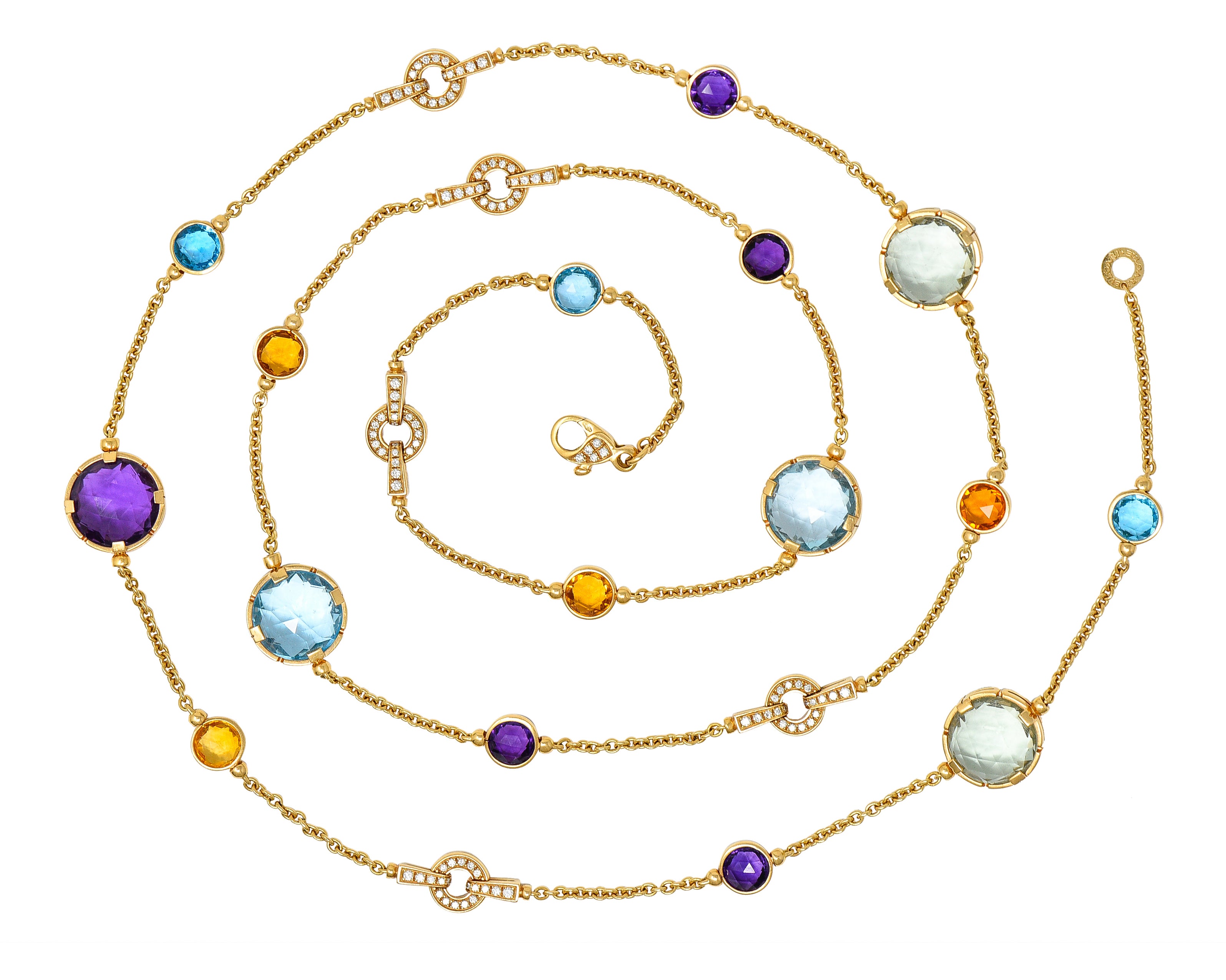 Bulgari Diamond Rose Cut Citrine Multi-Gem 18 Karat Yellow Gold Parentesi Station Necklace Wilson's Estate Jewelry