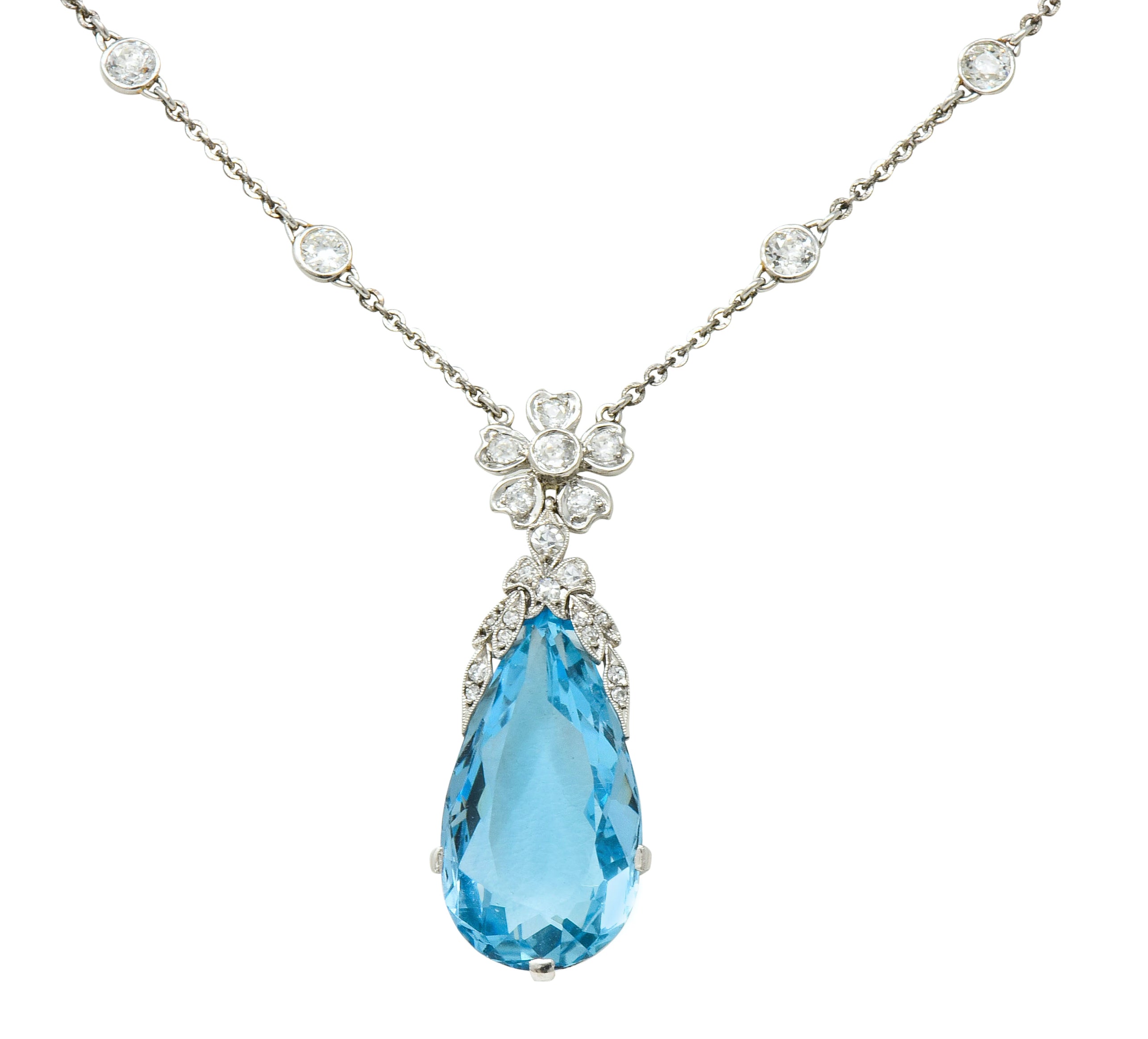 Edwardian 18.87 CTW Aquamarine Diamond Platinum Floral Drop Necklace - Wilson's Estate Jewelry