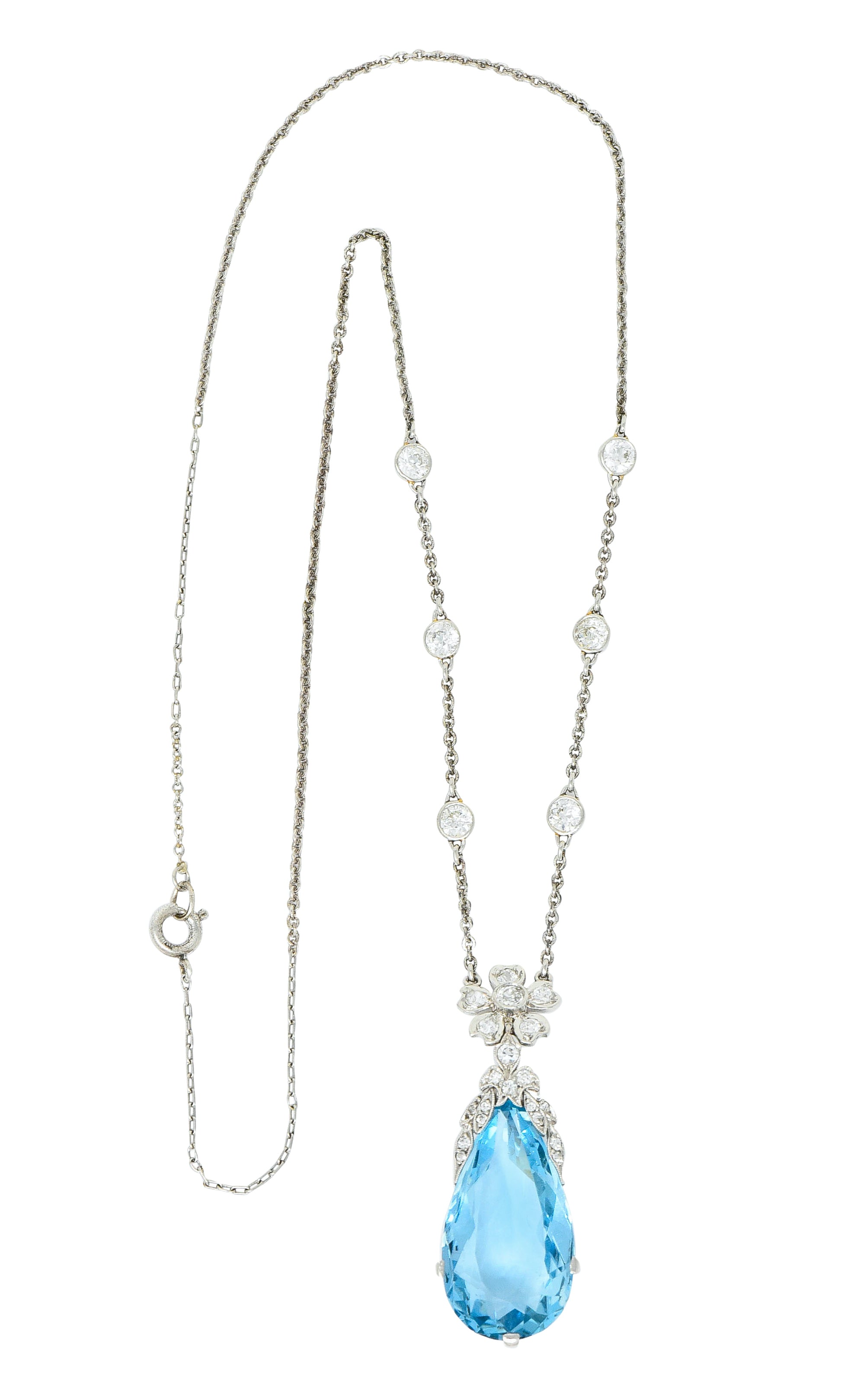 Edwardian 18.87 CTW Aquamarine Diamond Platinum Floral Drop Necklace - Wilson's Estate Jewelry