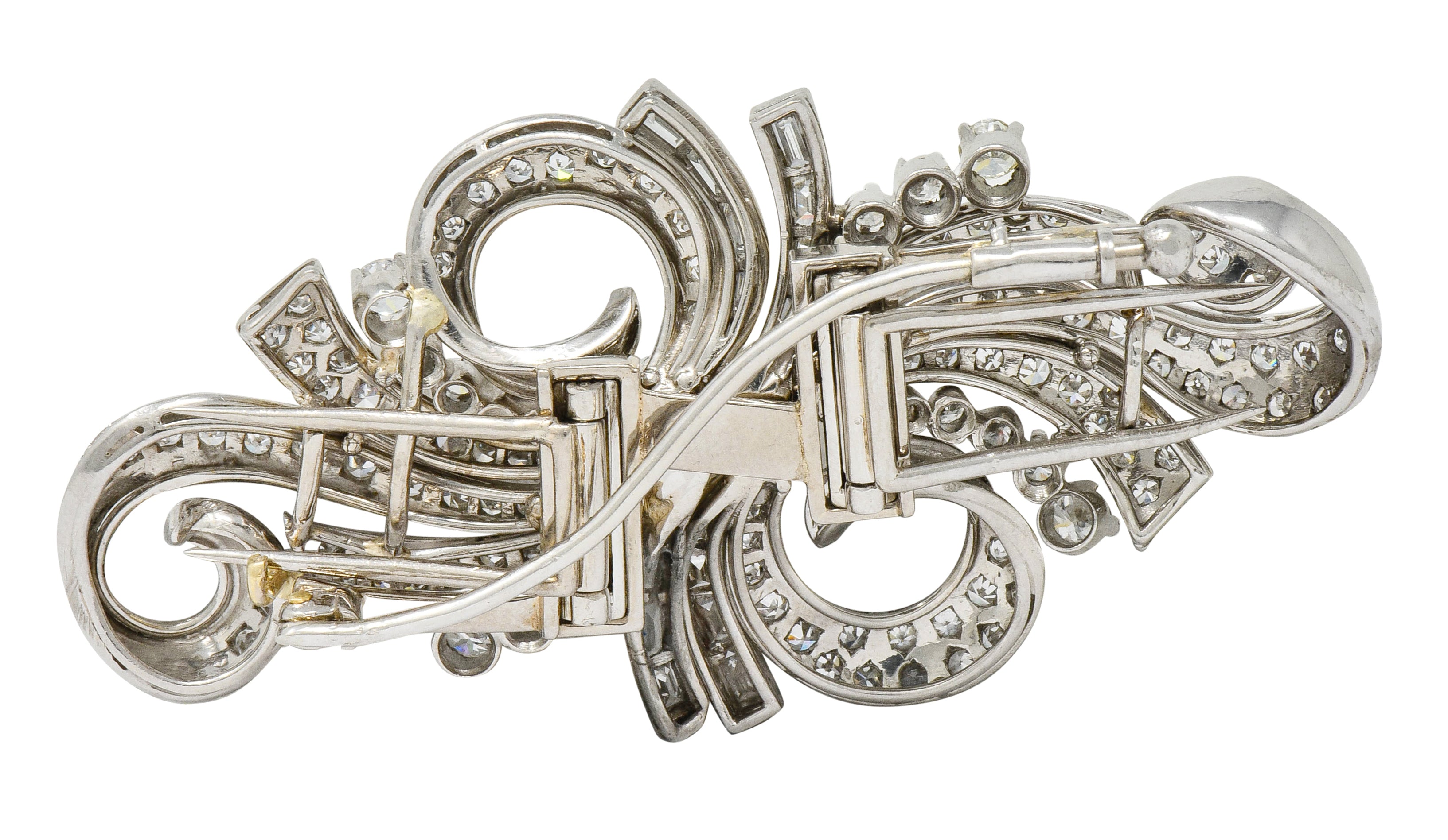 Retro 5.78 CTW Diamond Platinum Scrolling Ribbon Clips Brooch - Wilson's Estate Jewelry