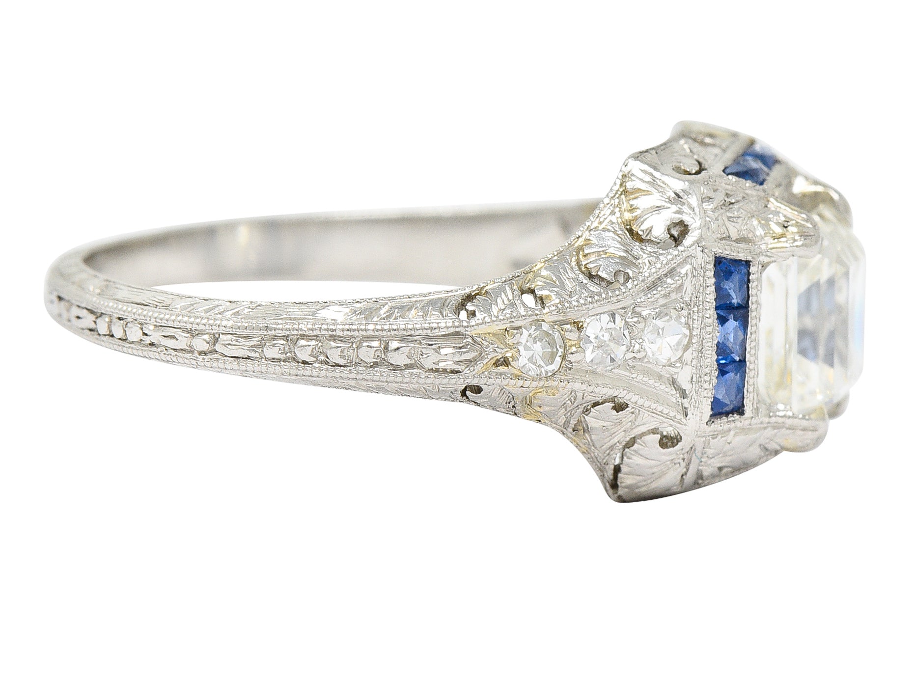 Art Deco 1.60 CTW Asscher Diamond Sapphire Platinum Engagement Ring Wilson's Estate Jewelry