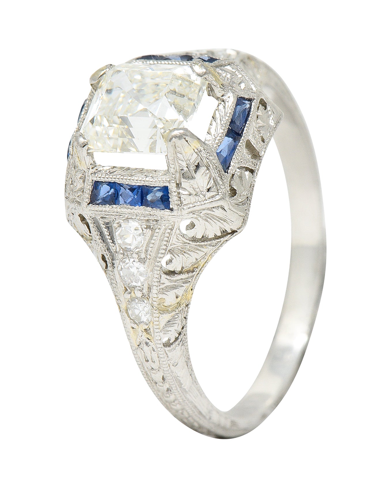 Art Deco 1.60 CTW Asscher Diamond Sapphire Platinum Engagement Ring Wilson's Estate Jewelry