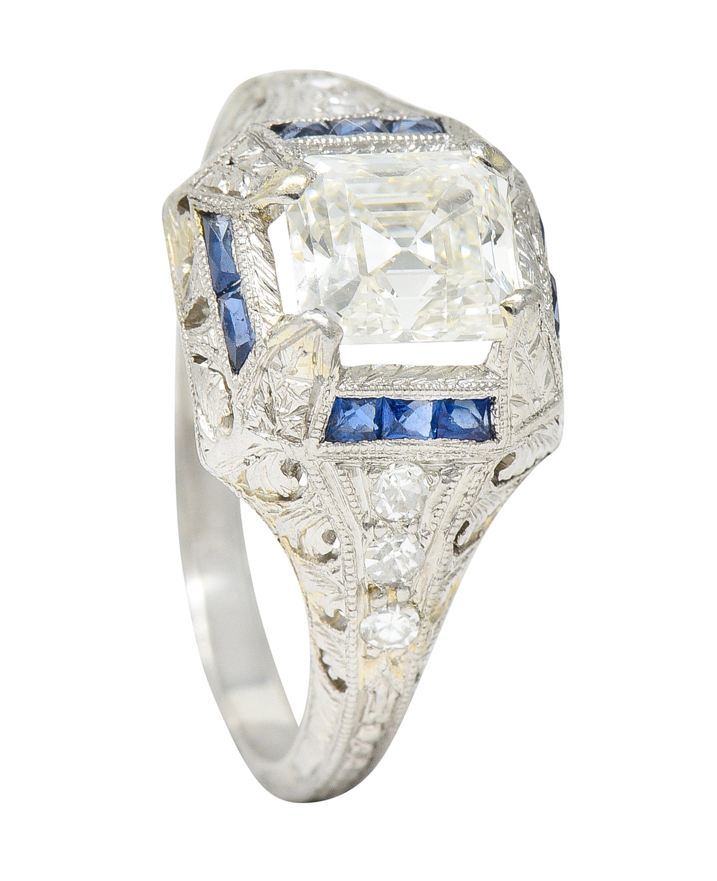 Art Deco 1.60 CTW Asscher Diamond Sapphire Platinum Engagement Ring Wilson's Estate Jewelry