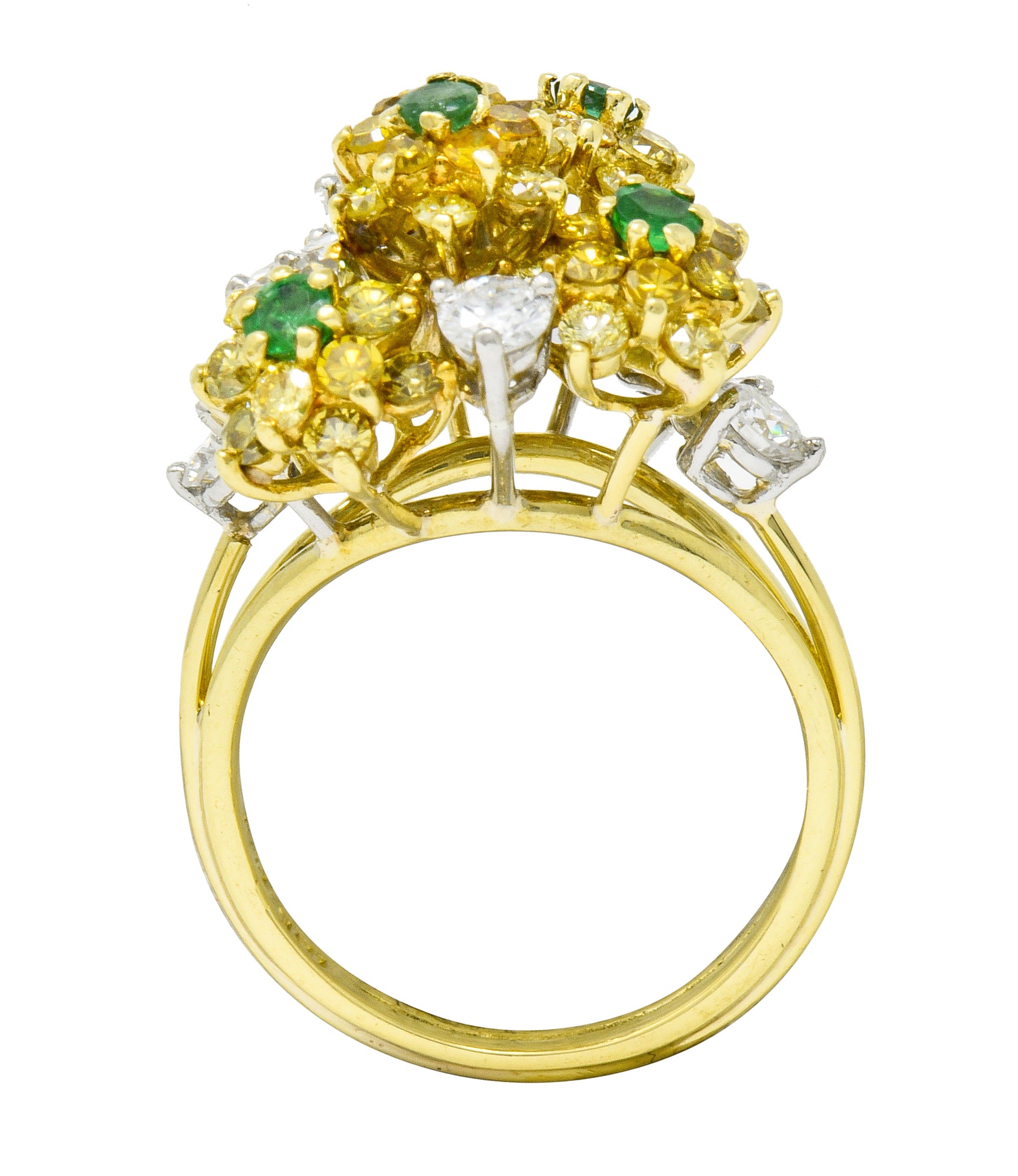 Vintage 3.21 CTW Yellow and White Diamond Emerald 18 Karat Gold Floral Cluster Ring - Wilson's Estate Jewelry