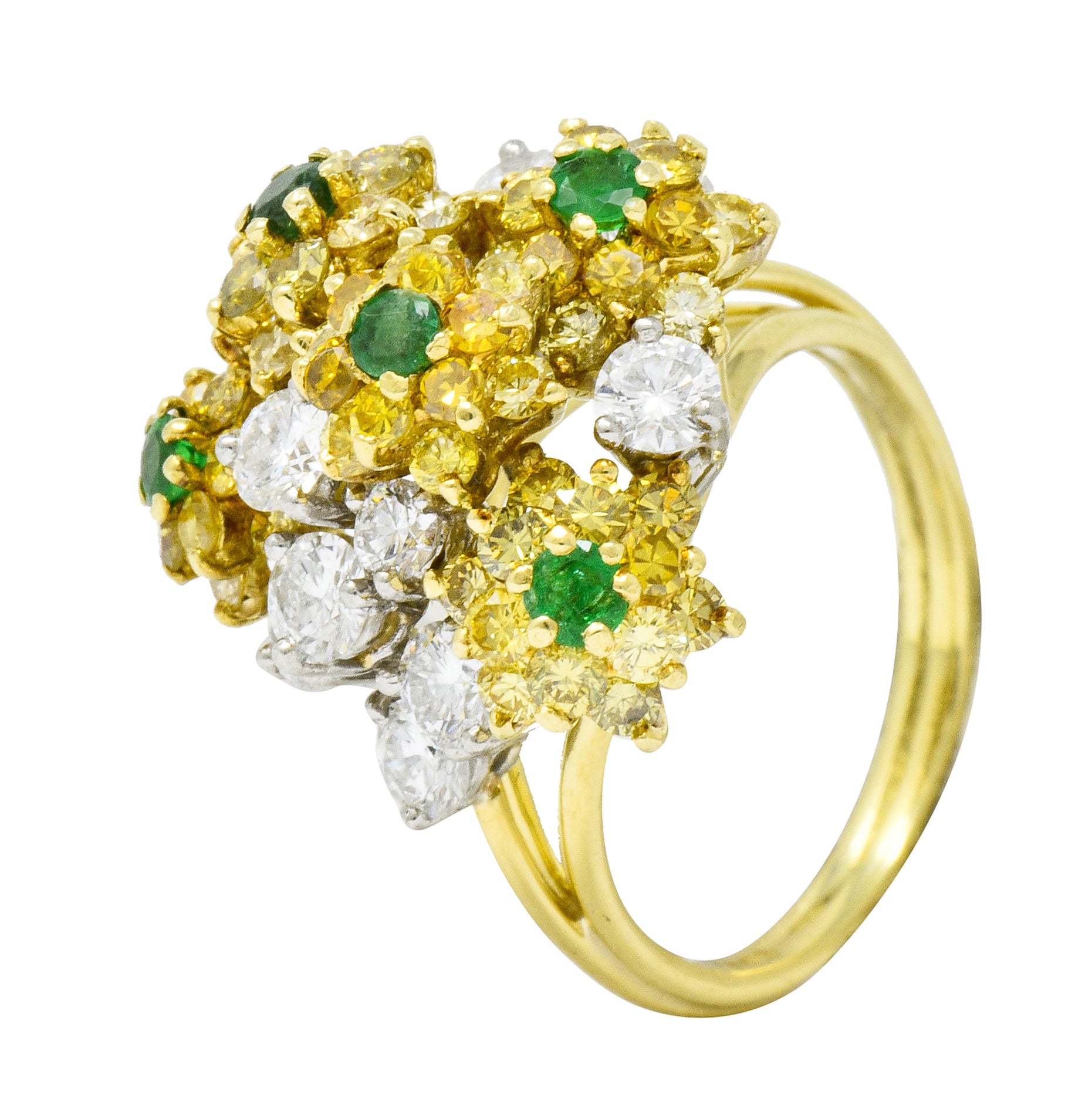 Vintage 3.21 CTW Yellow and White Diamond Emerald 18 Karat Gold Floral Cluster Ring - Wilson's Estate Jewelry