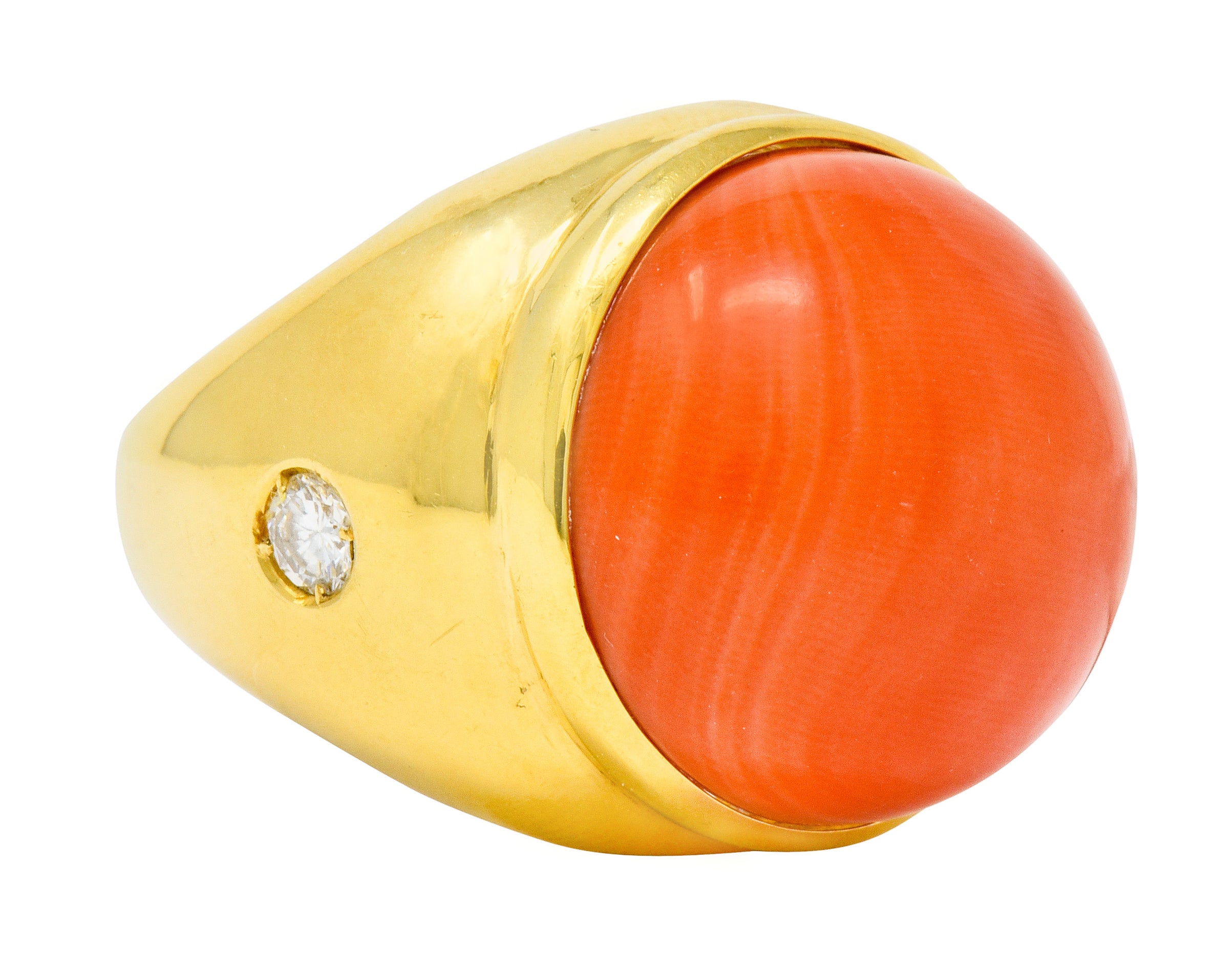 Jacent Vintage Coral Diamond 18 Karat Gold Unisex Cabochon Gemstone Ring - Wilson's Estate Jewelry