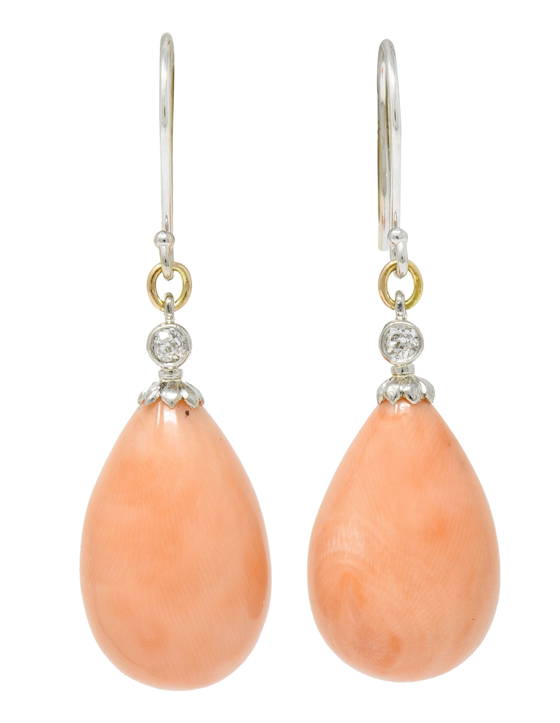 Edwardian Old Mine Diamond Coral Platinum-Topped Gold Drop Earrings - Wilson's Estate Jewelry