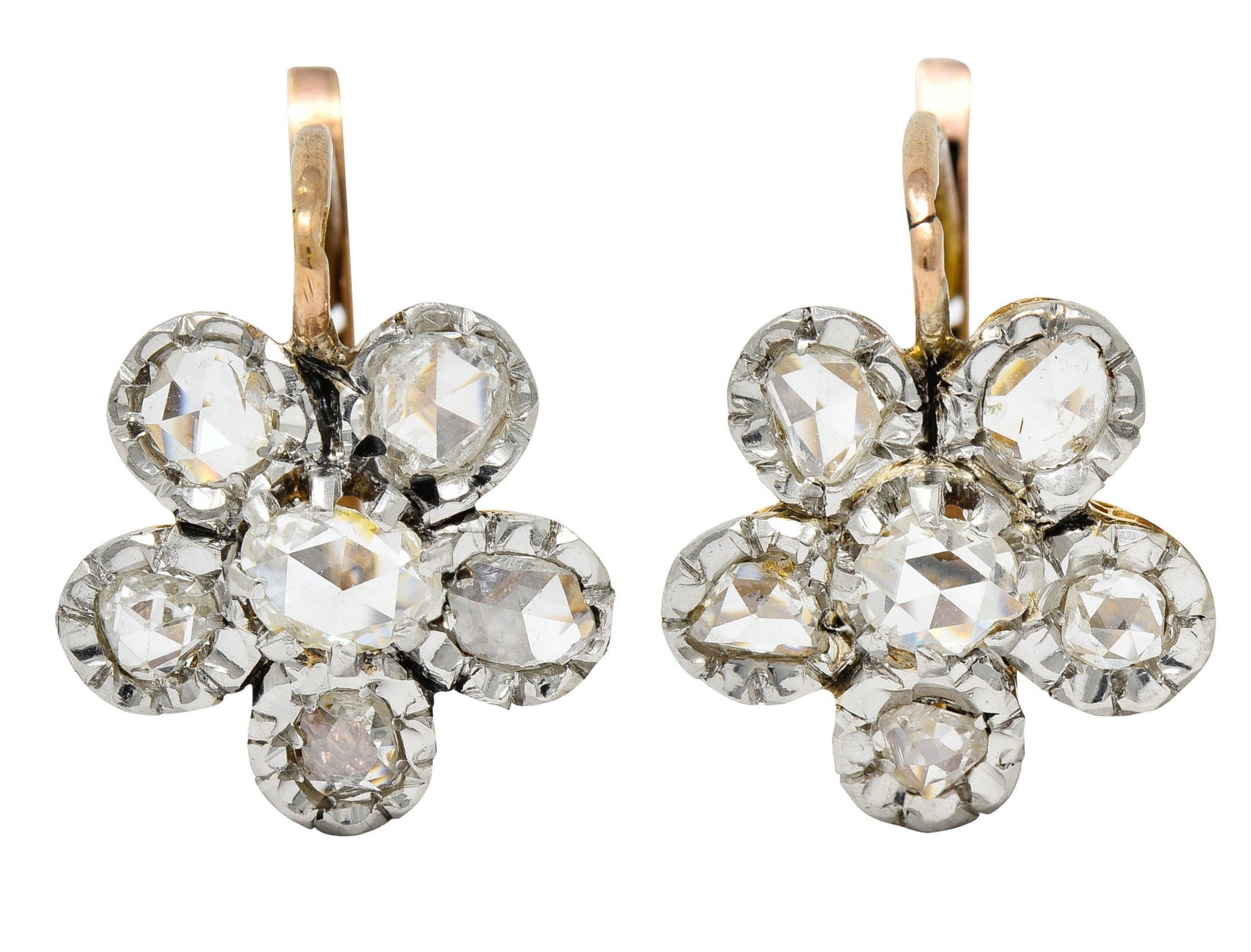 French Edwardian 1.45 CTW Diamond Platinum-Topped 18 Karat Gold Floral Cluster EarringsEarrings - Wilson's Estate Jewelry